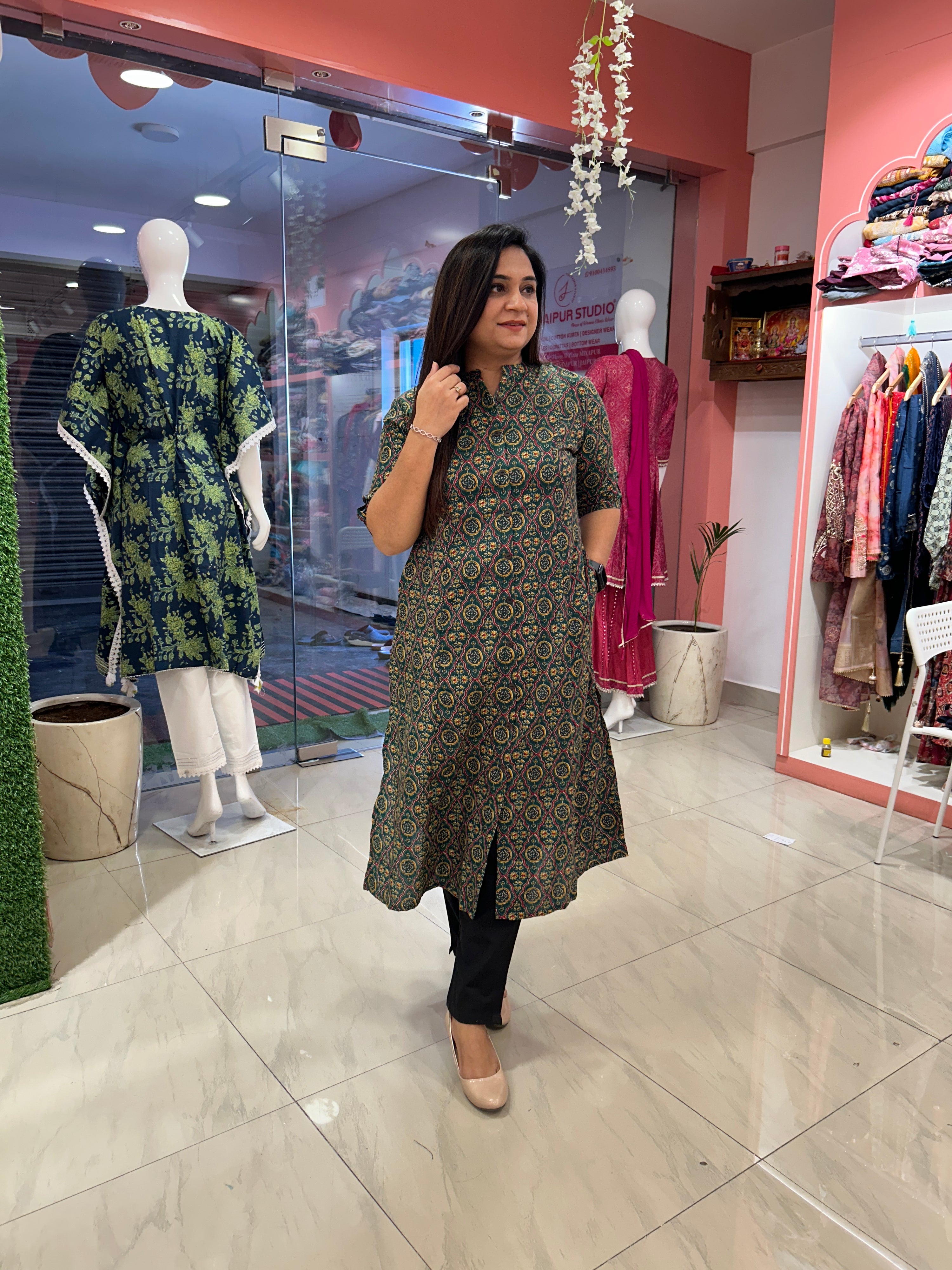Rozana Cotton Casual A-Line Kurta with Pocket - The Jaipur Studio