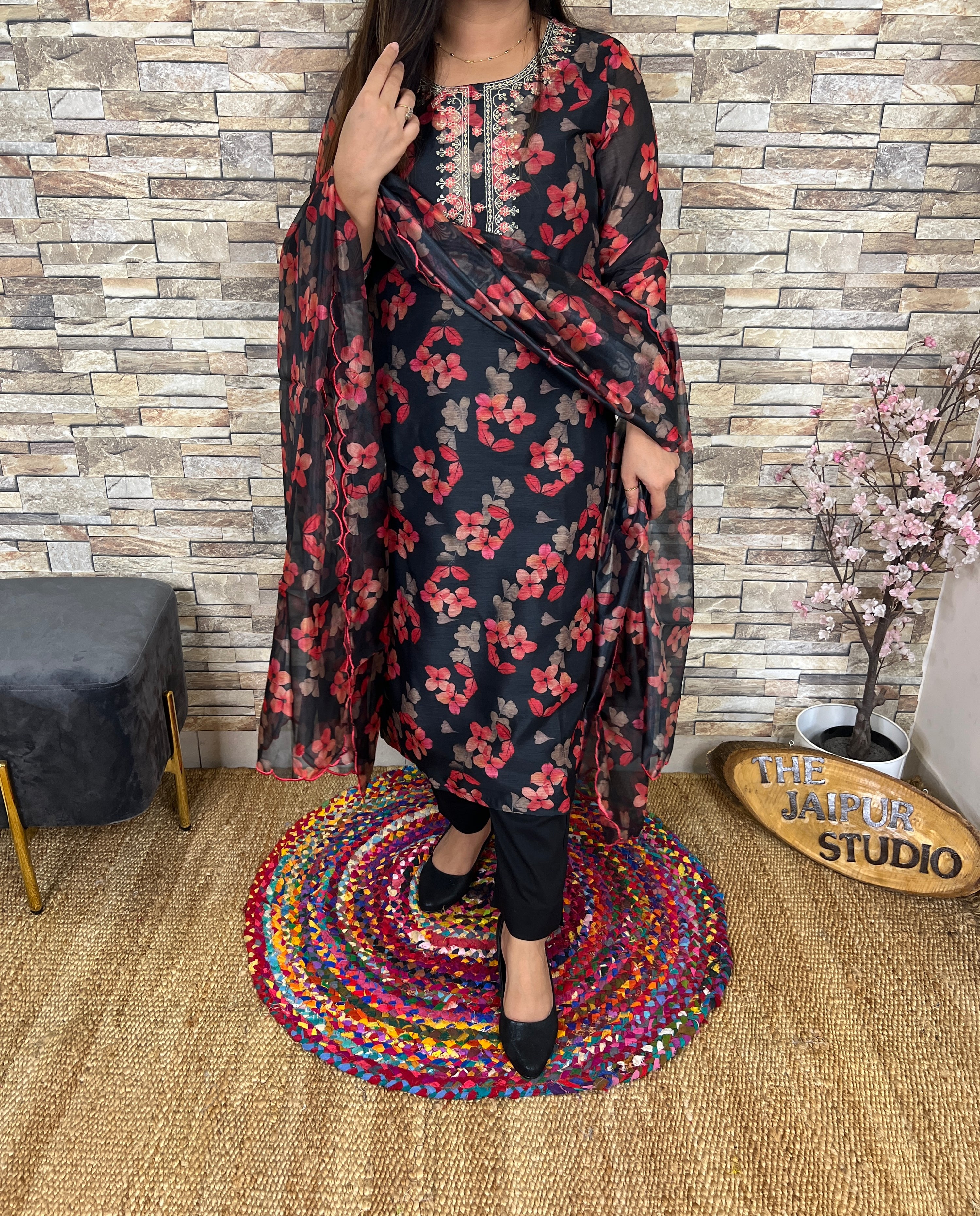 Black Floral Organza Pant Set - The Jaipur Studio