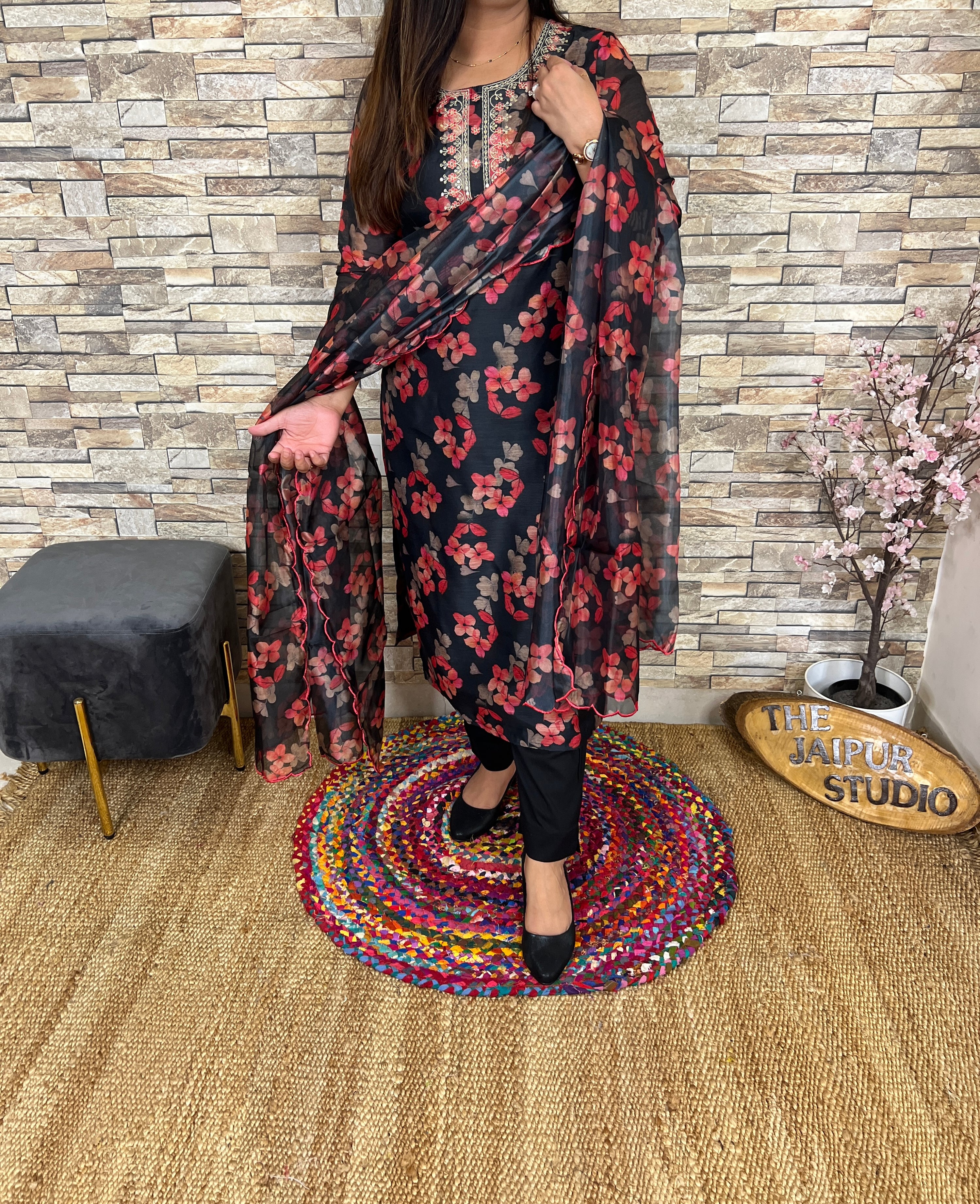 Black Floral Organza Pant Set - The Jaipur Studio