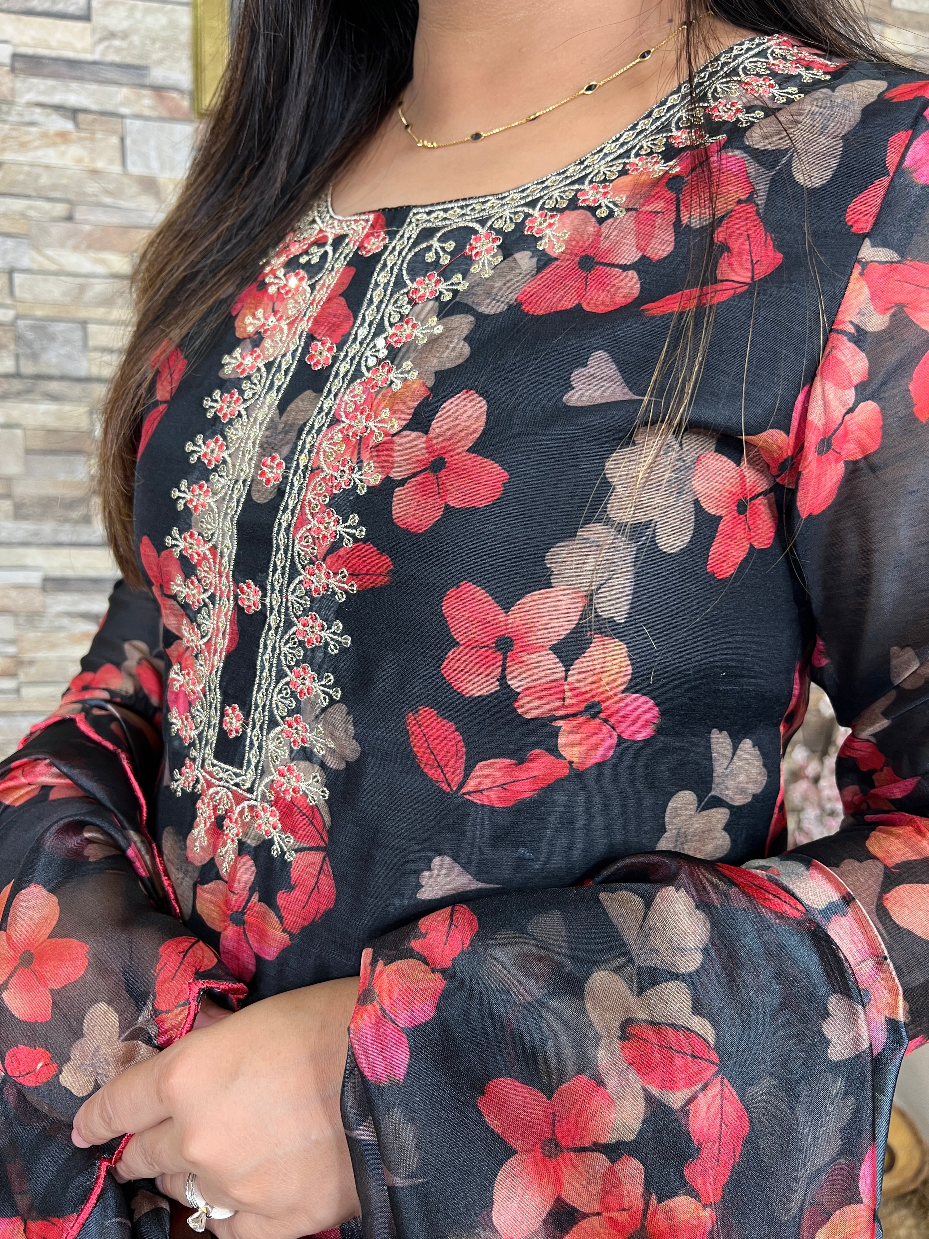 Black Floral Organza Pant Set - The Jaipur Studio