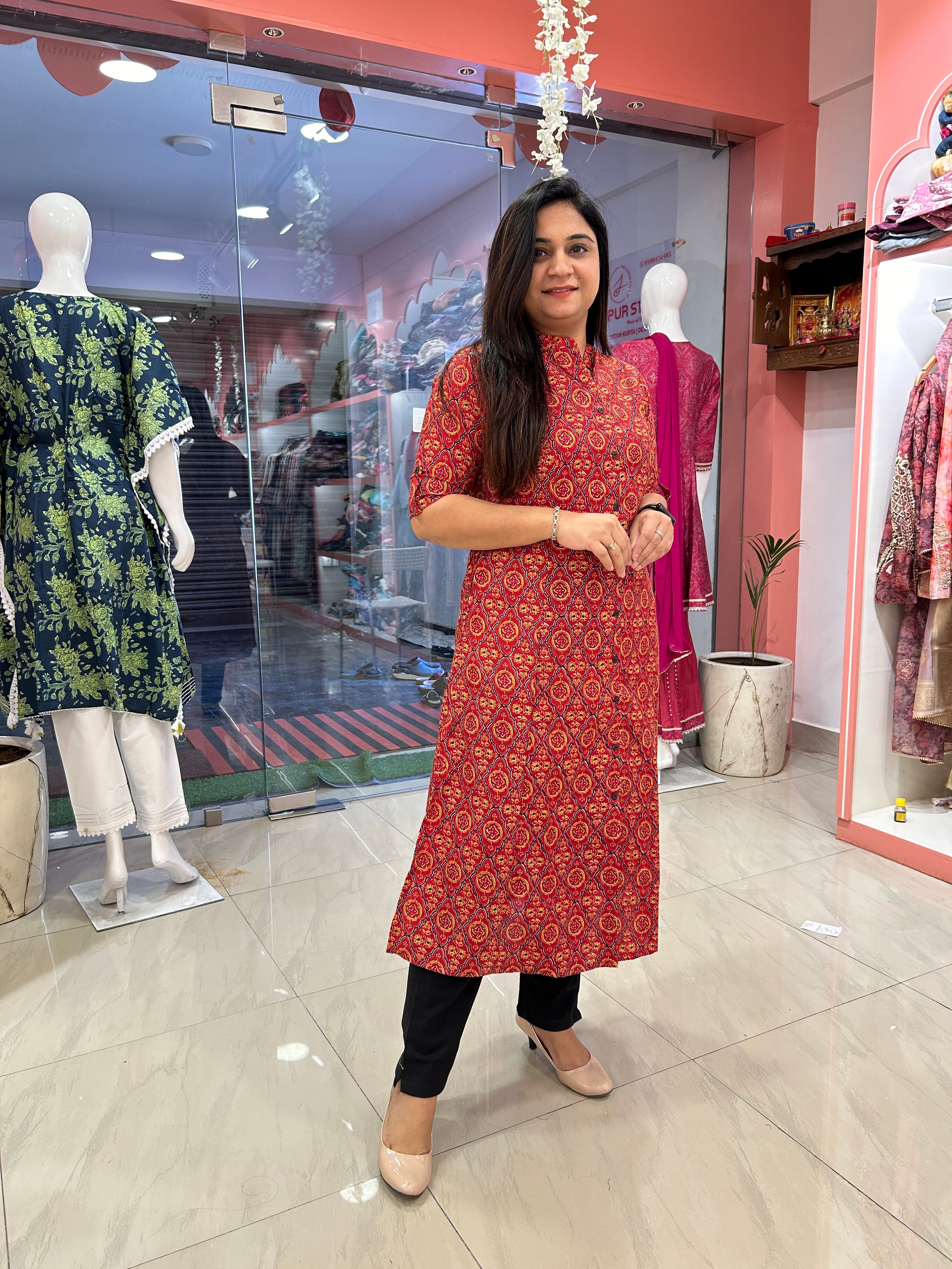 Rozana Cotton Casual A-Line Kurta with Pocket - The Jaipur Studio