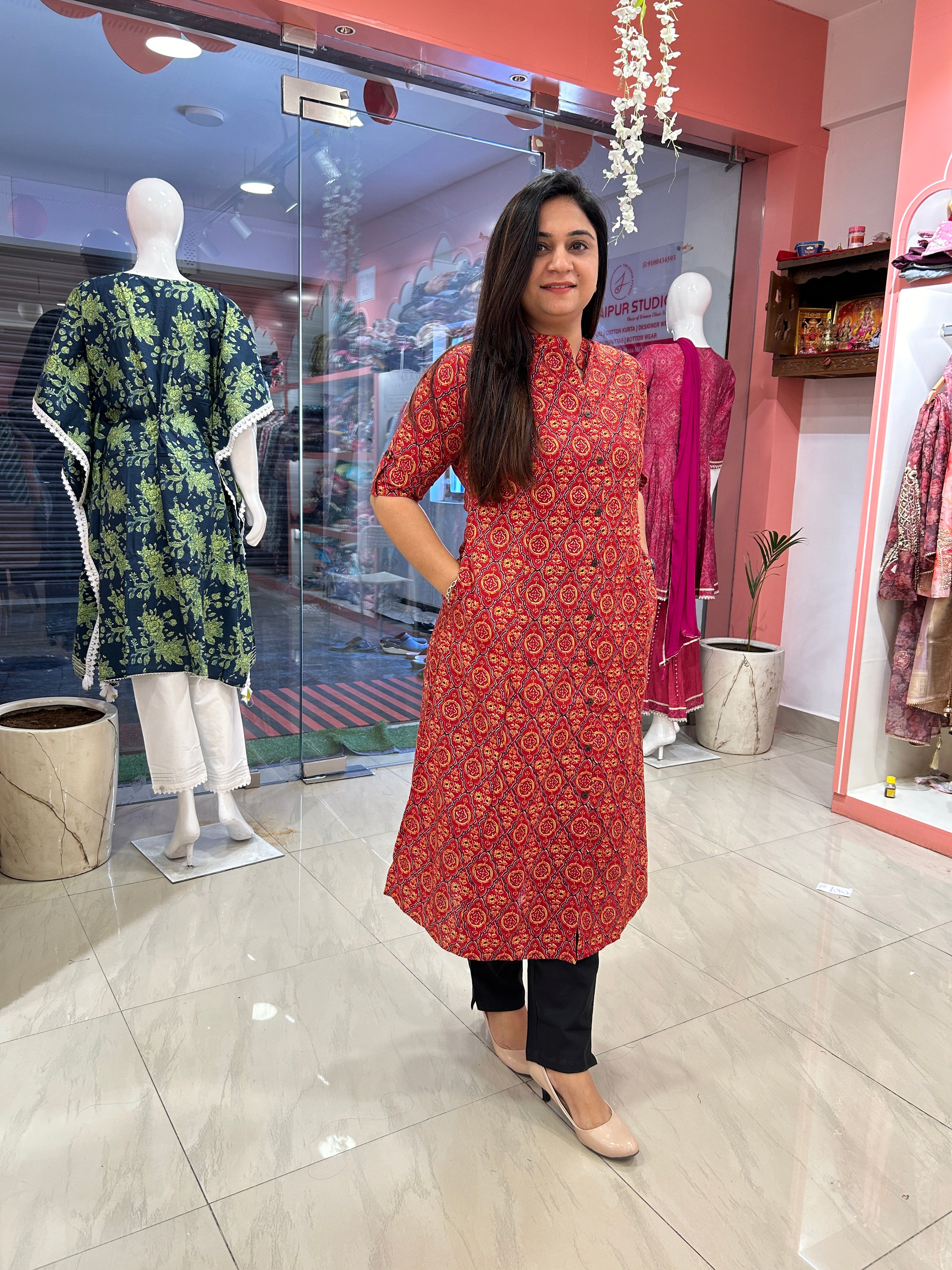Rozana Cotton Casual A-Line Kurta with Pocket - The Jaipur Studio