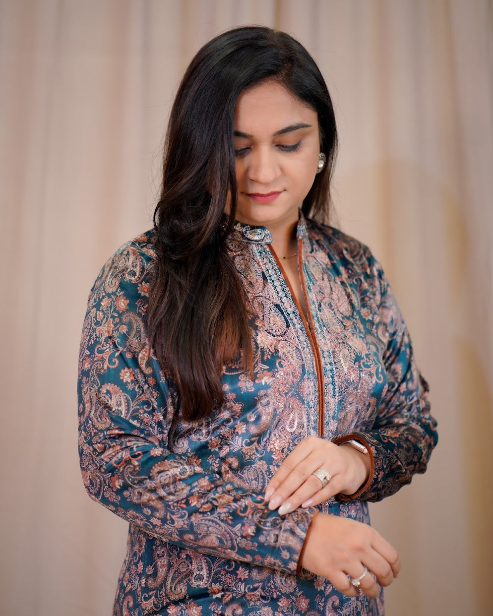 Mugal Print Velvet Embroidered Pant Set - The Jaipur Studio