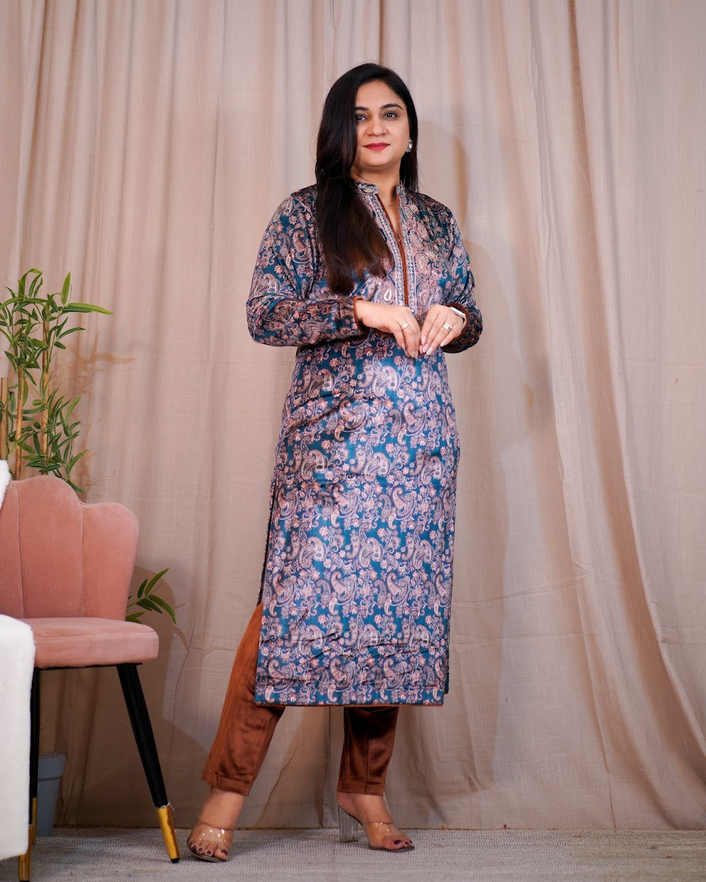 Mugal Print Velvet Embroidered Pant Set - The Jaipur Studio