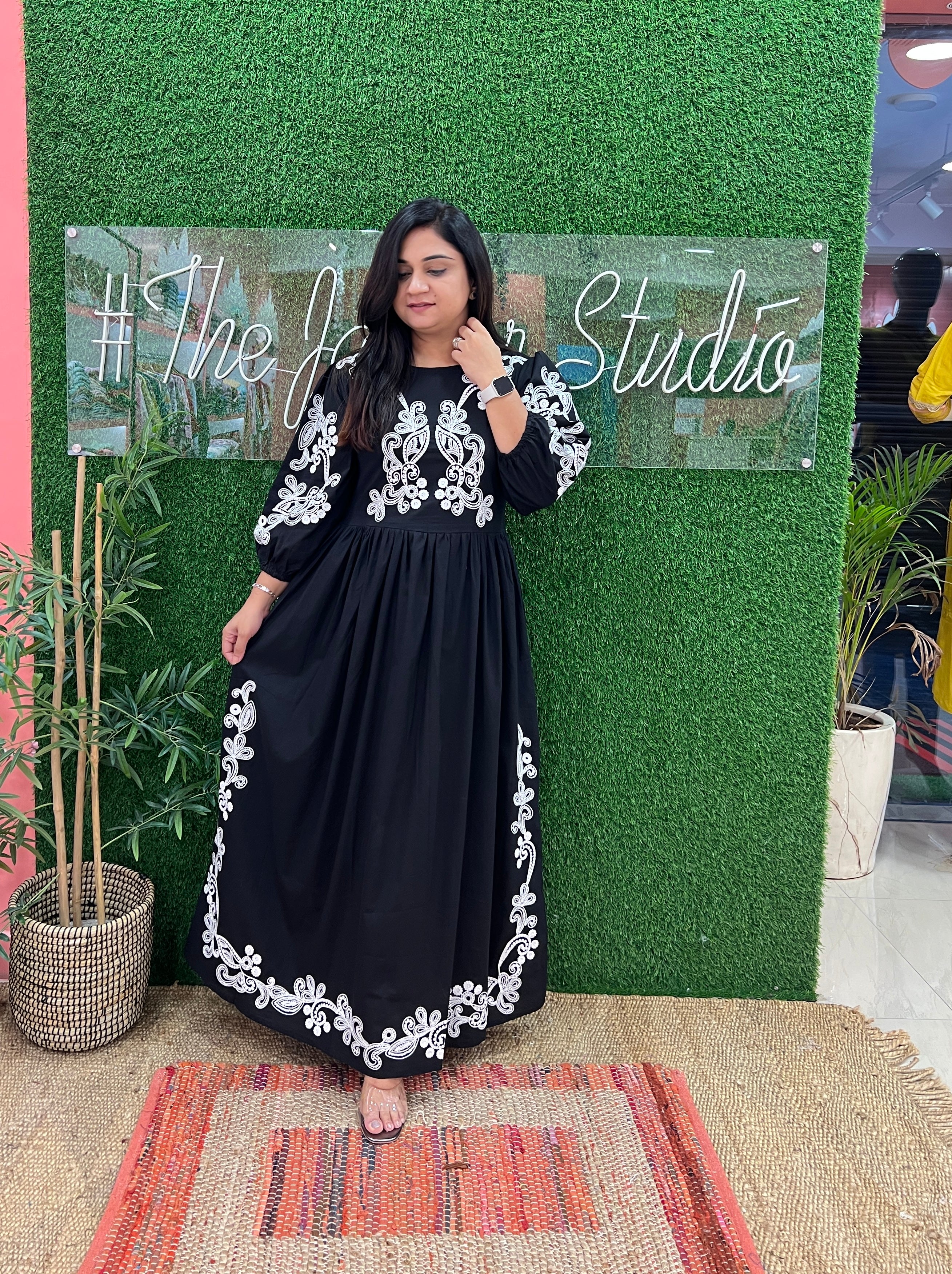Black Cotton Embroidered Long Dress - The Jaipur Studio