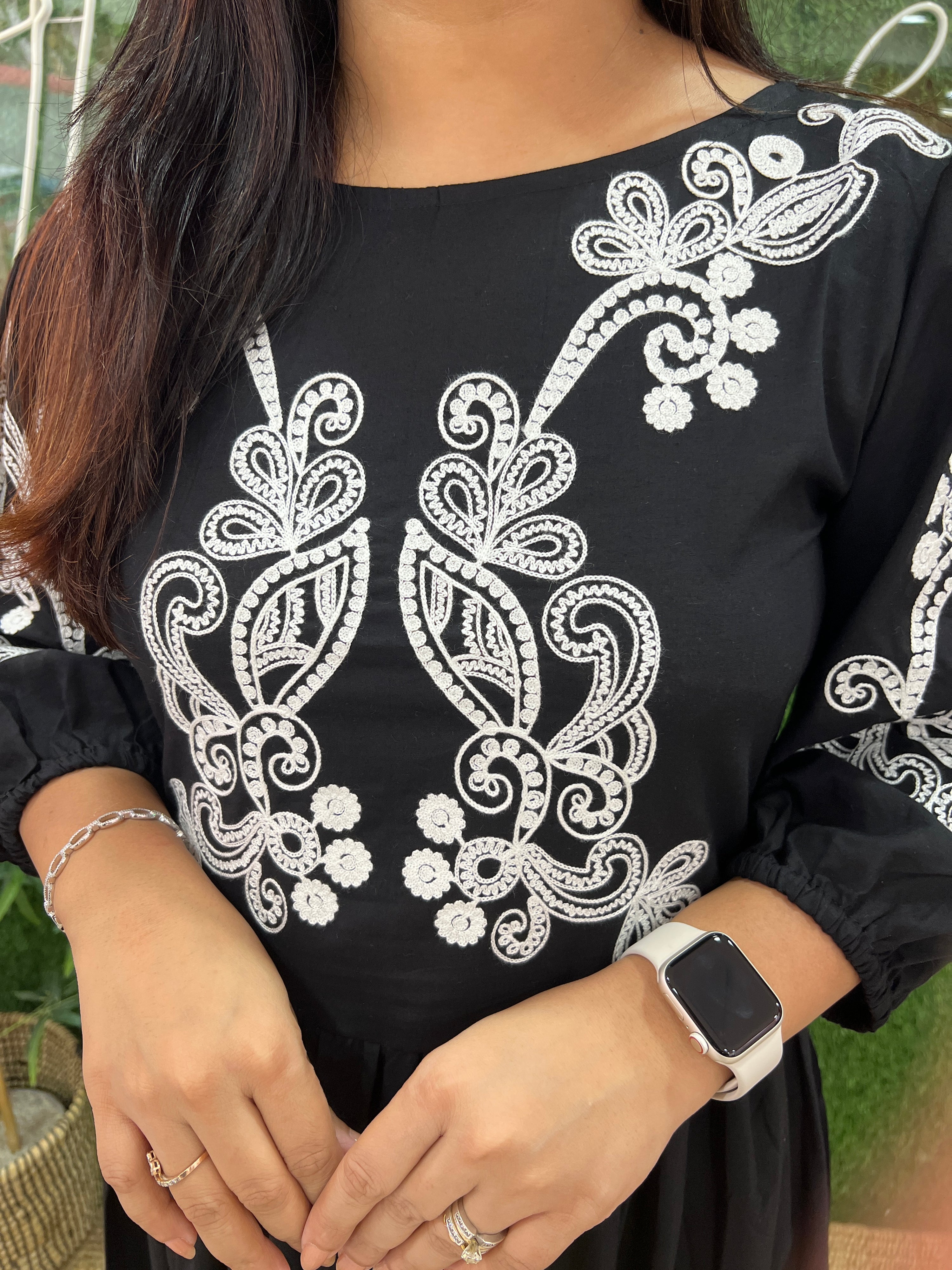 Black Cotton Embroidered Long Dress - The Jaipur Studio