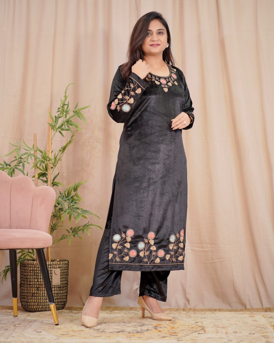 Embroidered velvet Pant Set with Pocket - The Jaipur Studio