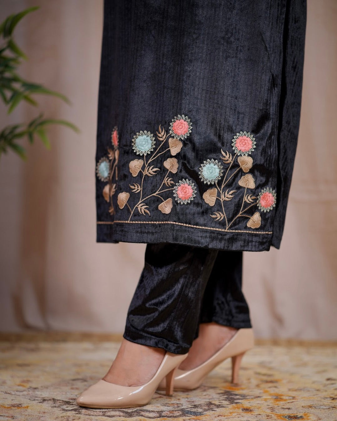 Embroidered velvet Pant Set with Pocket - The Jaipur Studio
