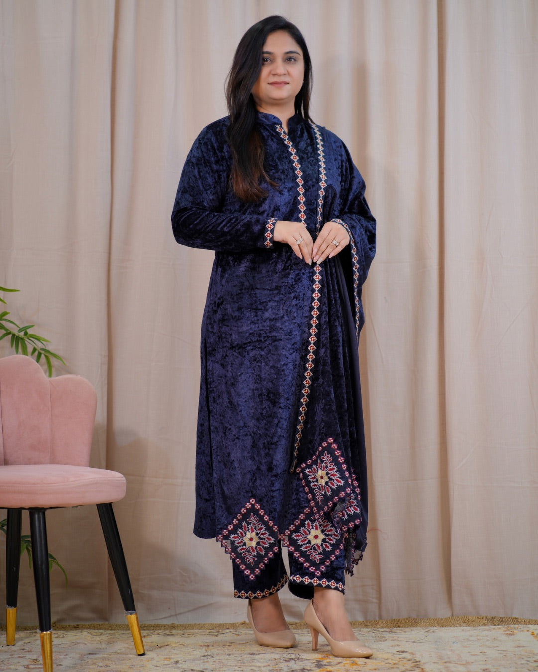 Ayesha Velvet Embroidered Dupatta Set - The Jaipur Studio
