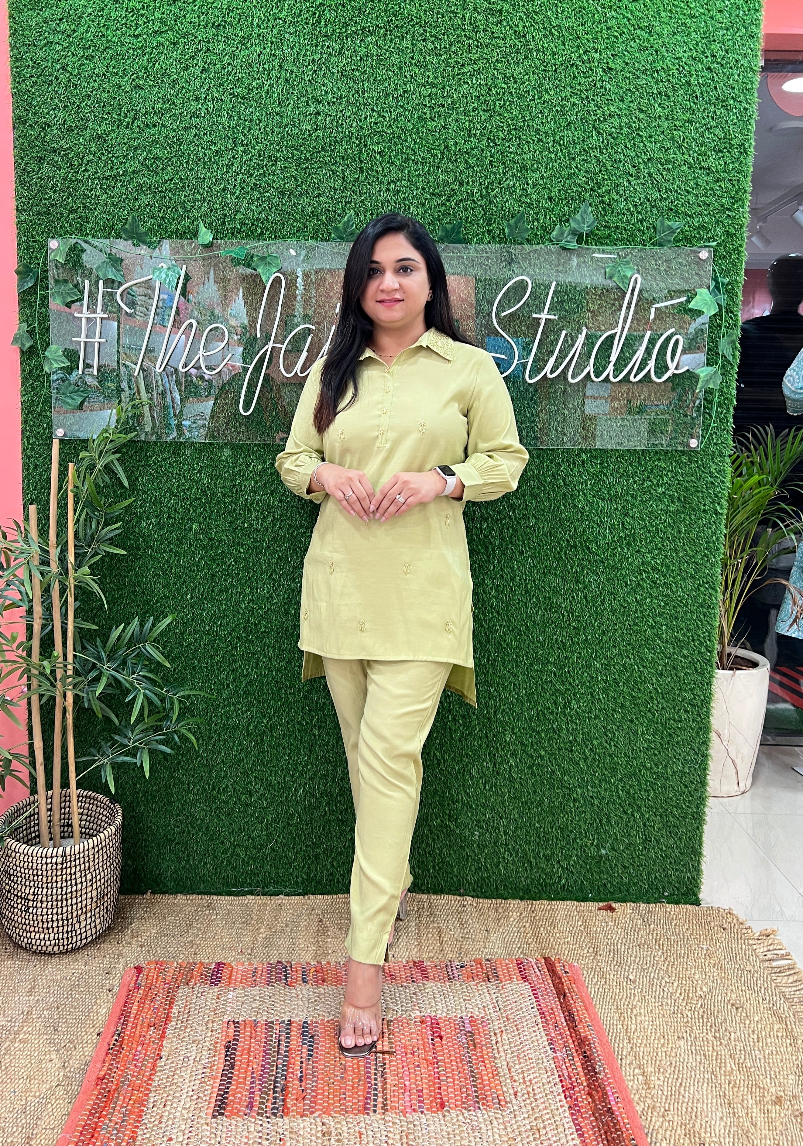 Solid Color Muslin Hand Embroidered Coord Set Green - The Jaipur Studio