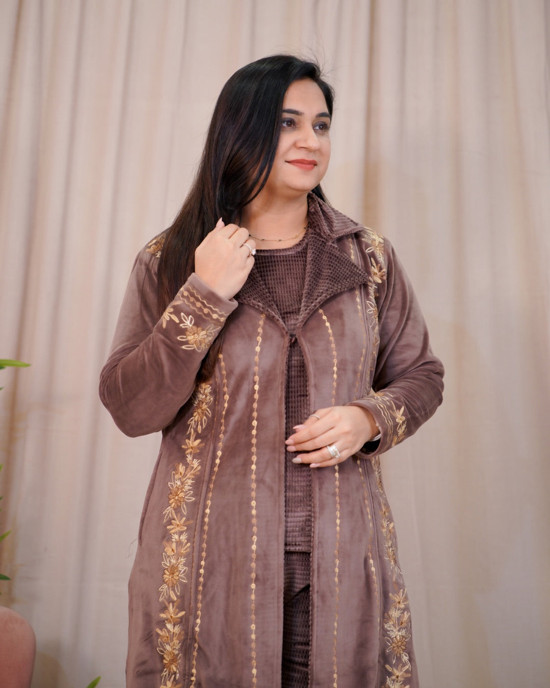 Woollen Embroidered Long Shrug Pant Set - The Jaipur Studio
