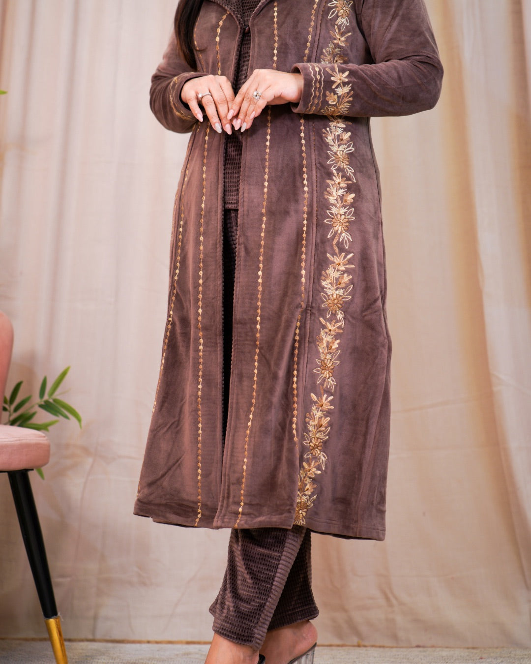 Woollen Embroidered Long Shrug Pant Set - The Jaipur Studio