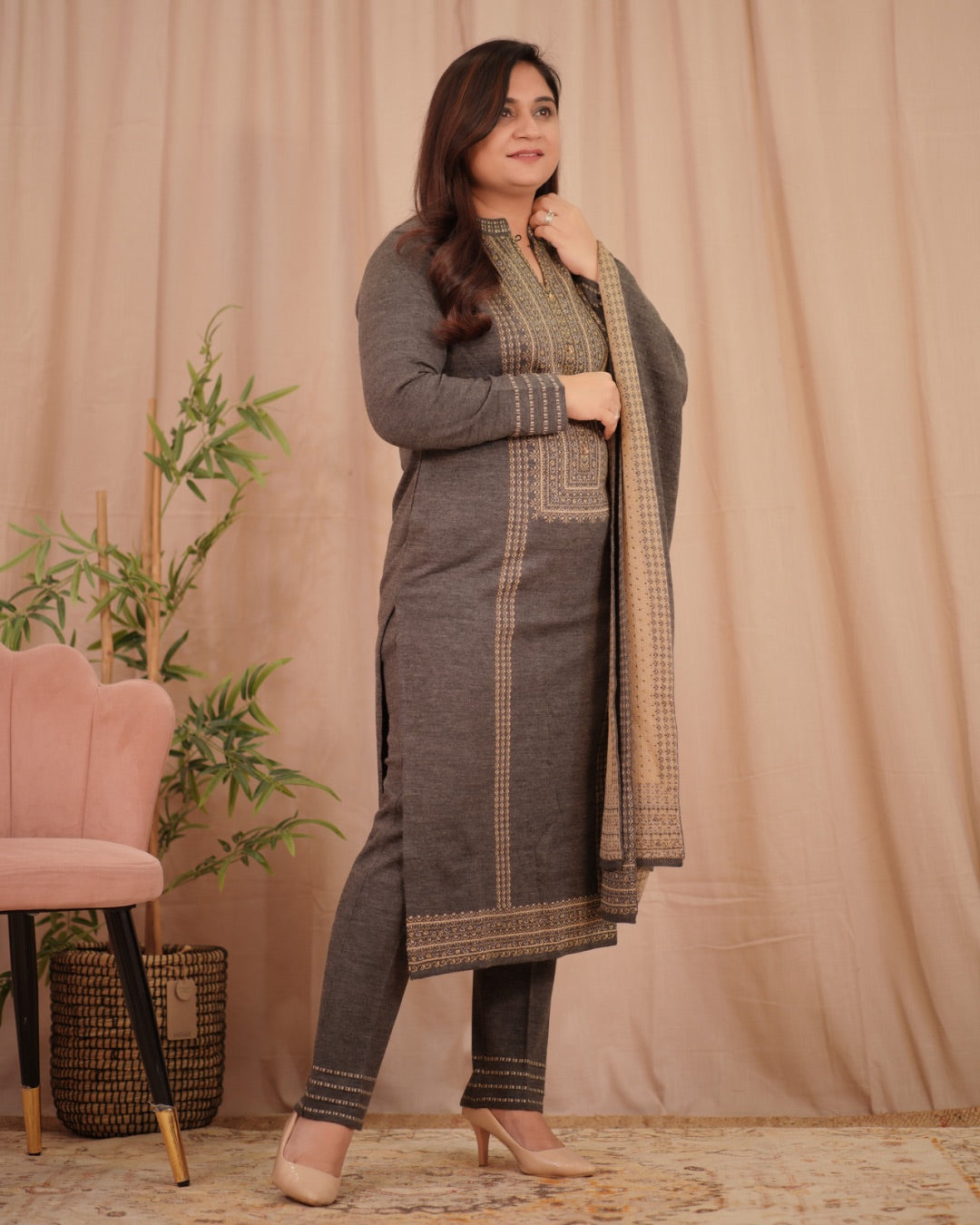 Winter special Woollen dupatta set Grey - The Jaipur Studio