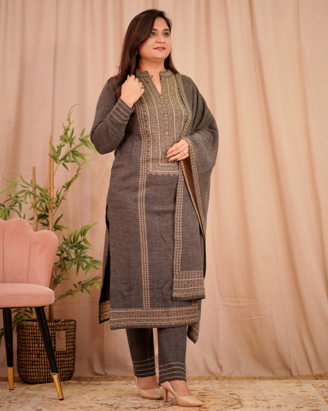 Winter special Woollen dupatta set Grey - The Jaipur Studio