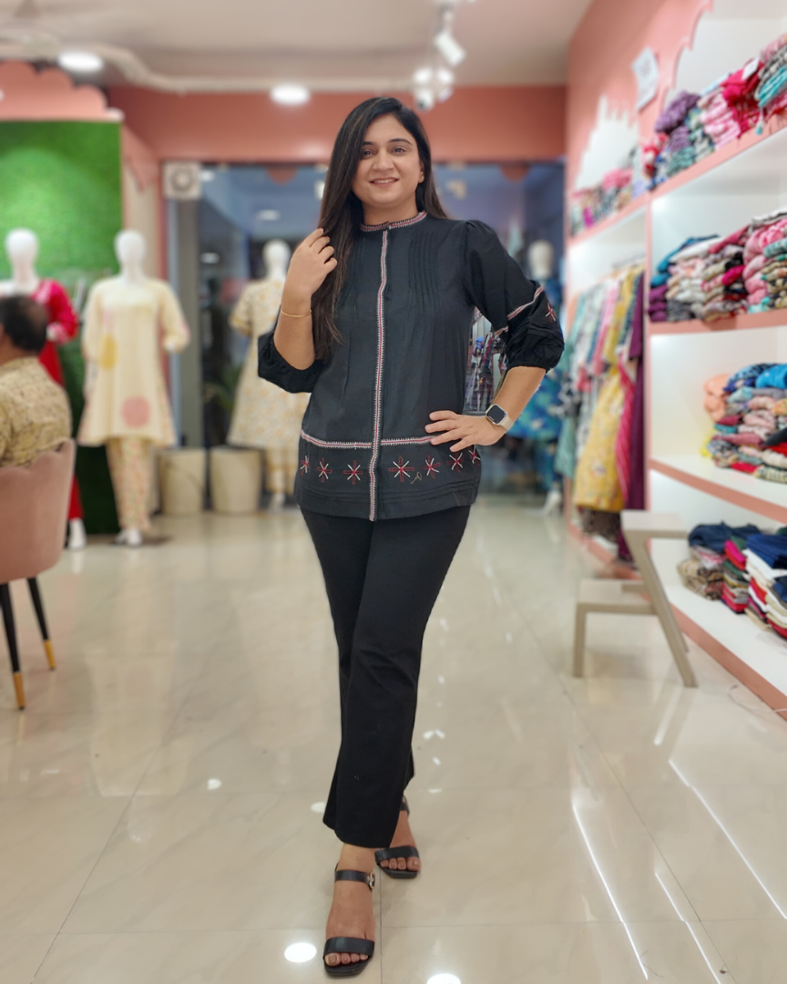 Black Cotton Embroidered Casual Short Top - The Jaipur Studio