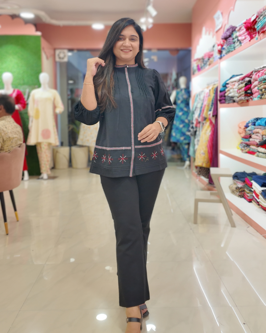 Black Cotton Embroidered Casual Short Top - The Jaipur Studio