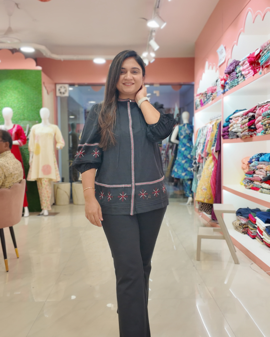 Black Cotton Embroidered Casual Short Top - The Jaipur Studio