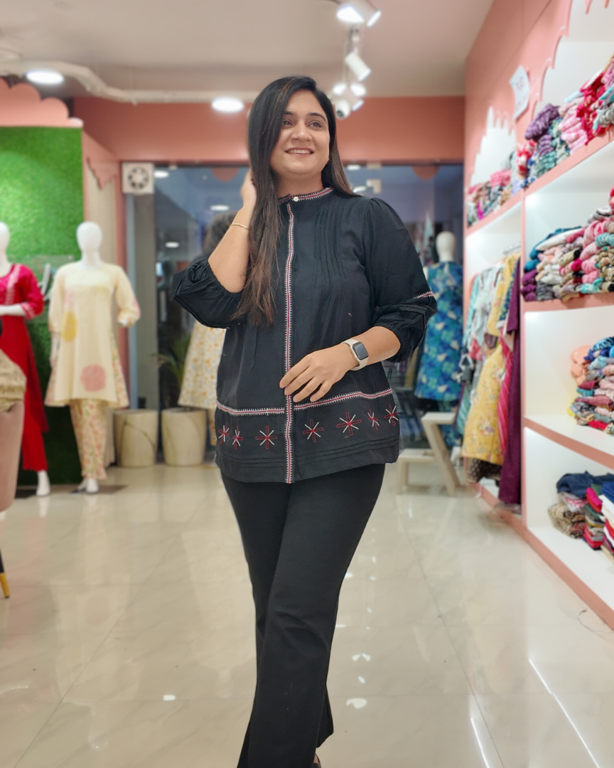 Black Cotton Embroidered Casual Short Top - The Jaipur Studio