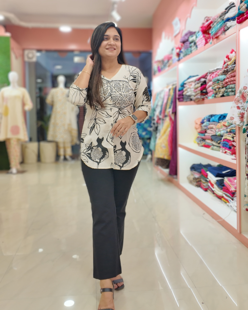 Offwhite Cotton HandEmbroidered Casual Short Top - The Jaipur Studio