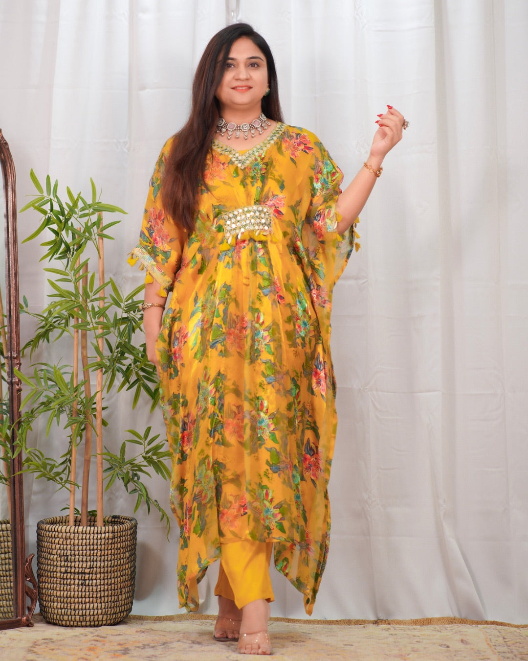 Floral Chiffon Kaftaan Pant Set - The Jaipur Studio