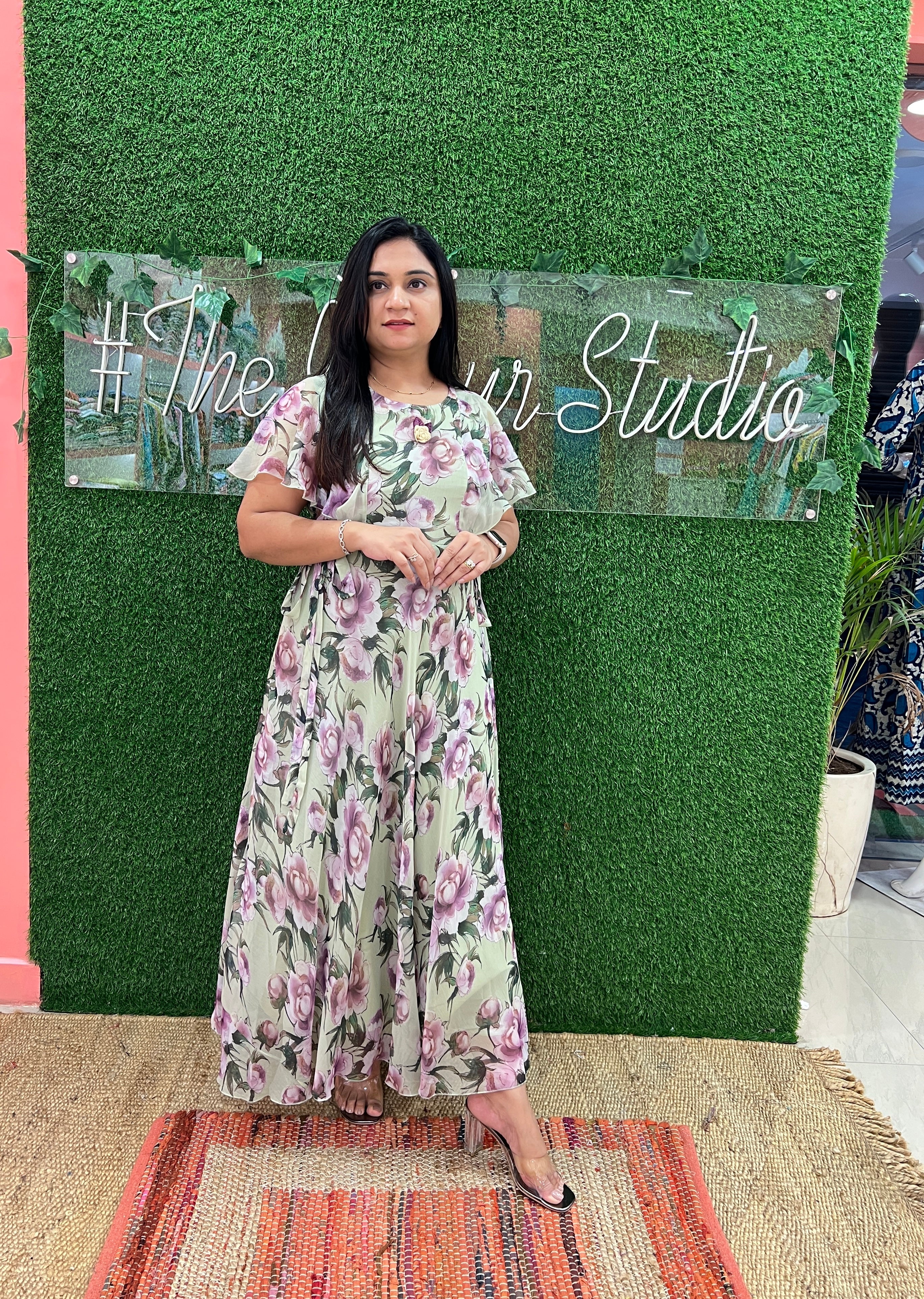 Chiffon Frills Long Dress Green - The Jaipur Studio