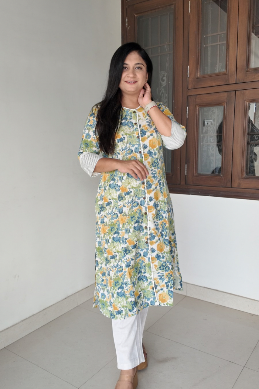 Green Floral Cotton Casual A- line kurta with pocket - The Jaipur Studio