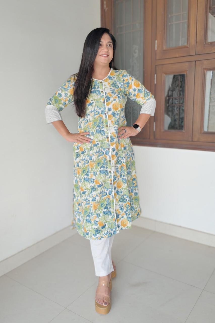 Green Floral Cotton Casual A- line kurta with pocket - The Jaipur Studio