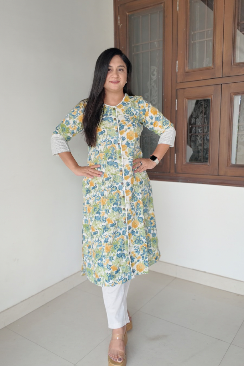 Green Floral Cotton Casual A- line kurta with pocket - The Jaipur Studio