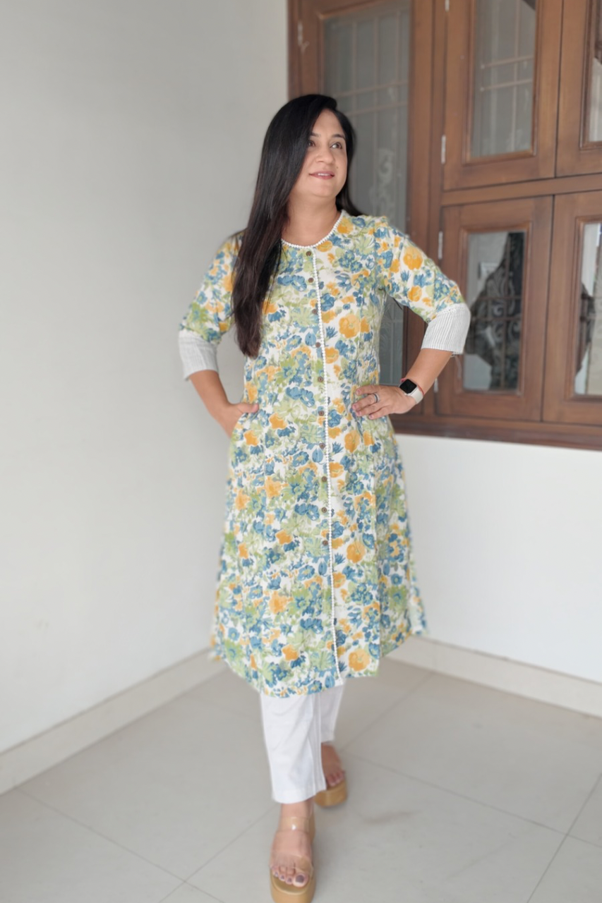Green Floral Cotton Casual A- line kurta with pocket - The Jaipur Studio