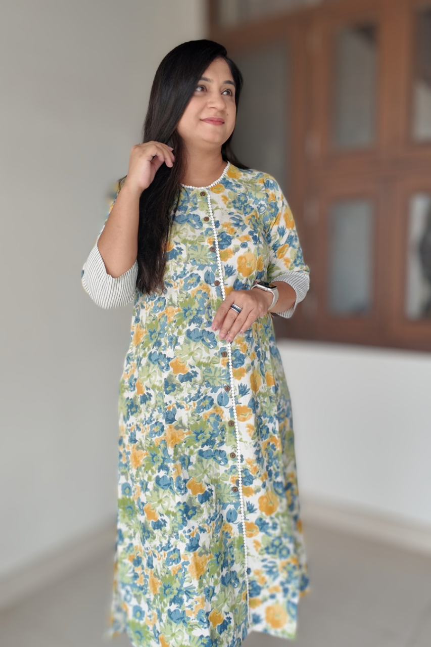 Green Floral Cotton Casual A- line kurta with pocket - The Jaipur Studio