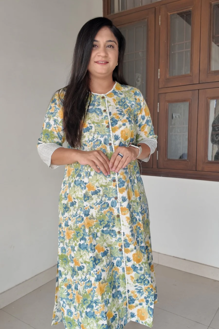 Green Floral Cotton Casual A- line kurta with pocket - The Jaipur Studio