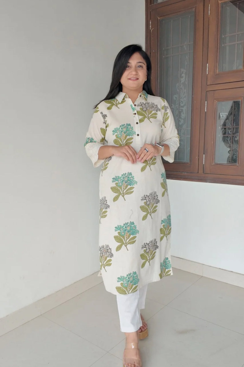 Summerish Floral Collared Cotton Casual kurta with pocket - The Jaipur Studio