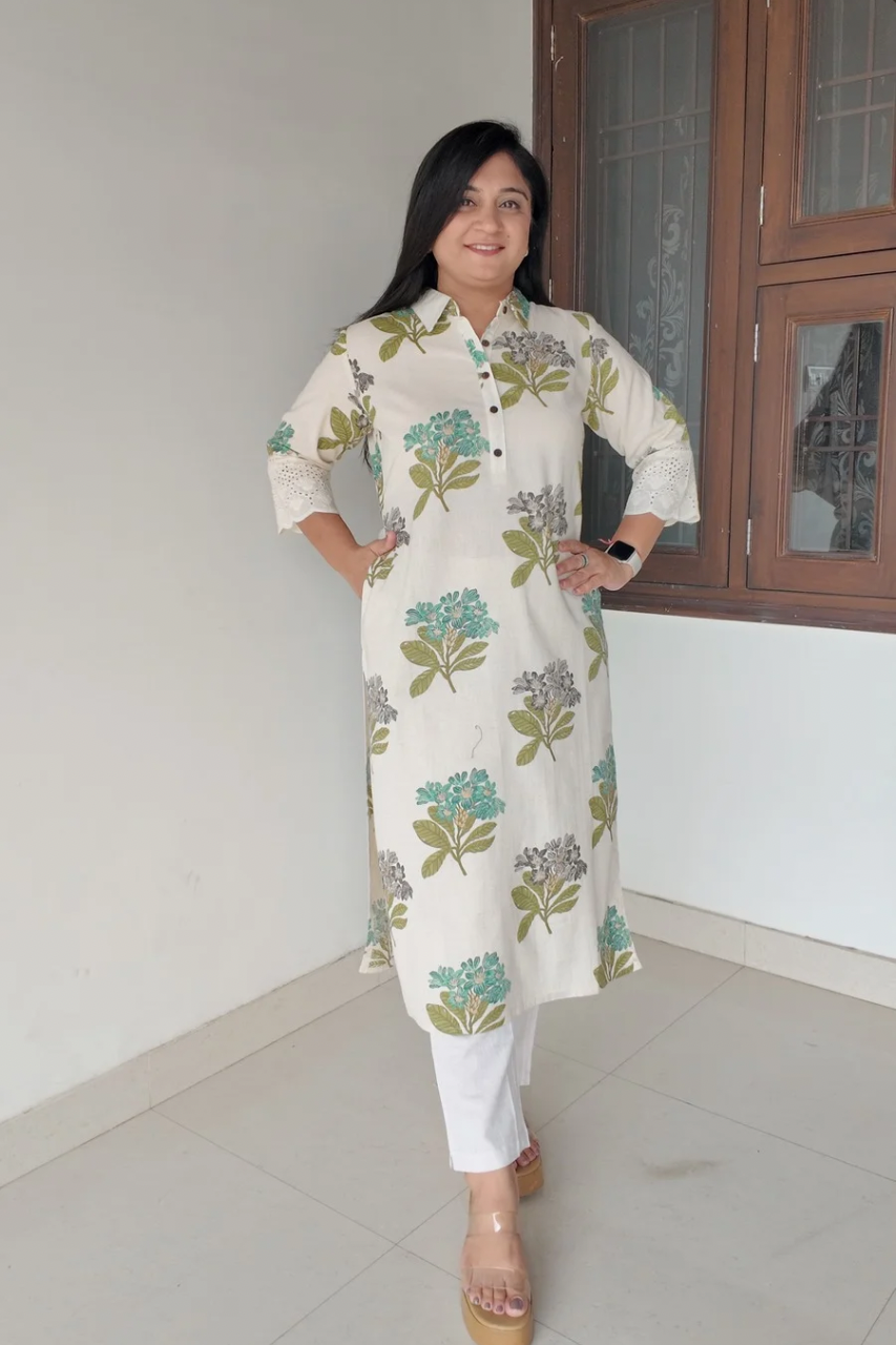 Summerish Floral Collared Cotton Casual kurta with pocket - The Jaipur Studio