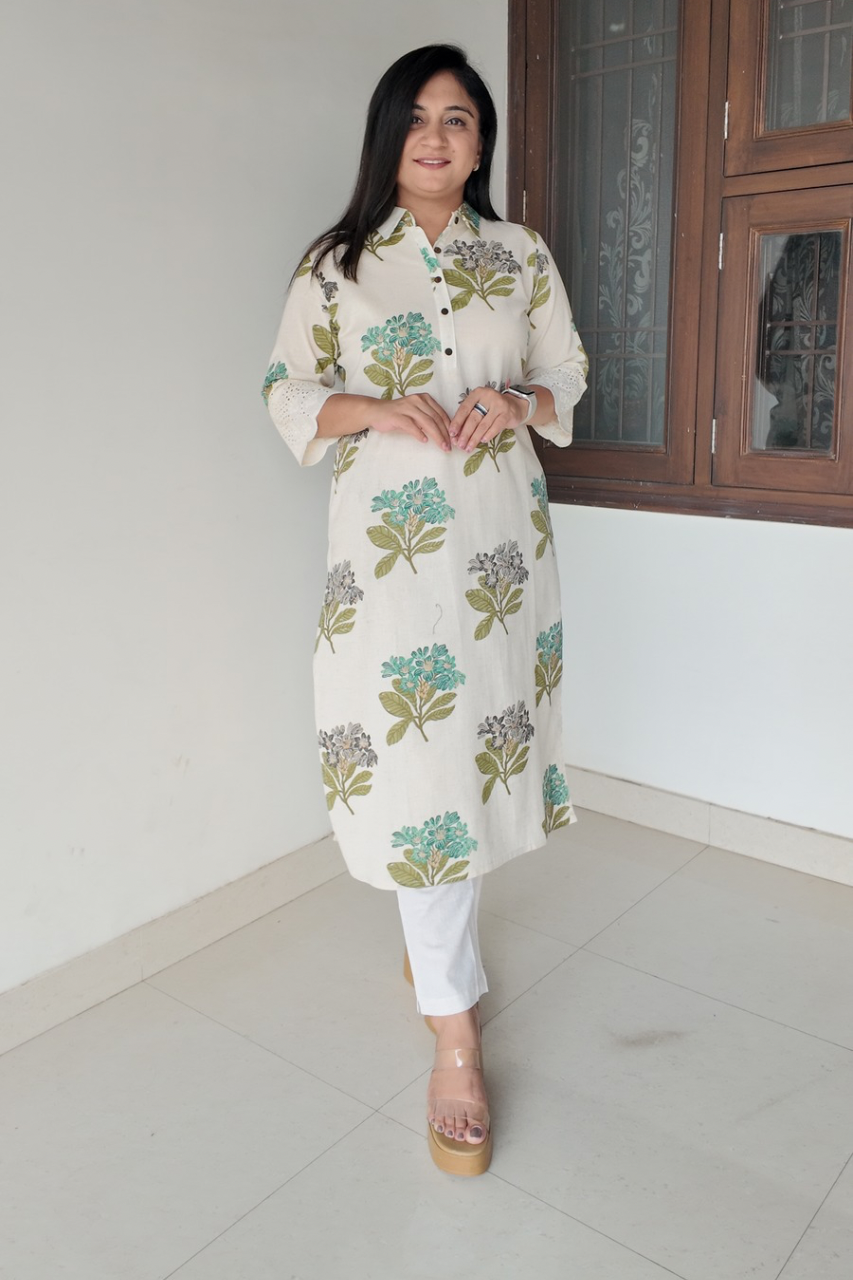 Summerish Floral Collared Cotton Casual kurta with pocket - The Jaipur Studio