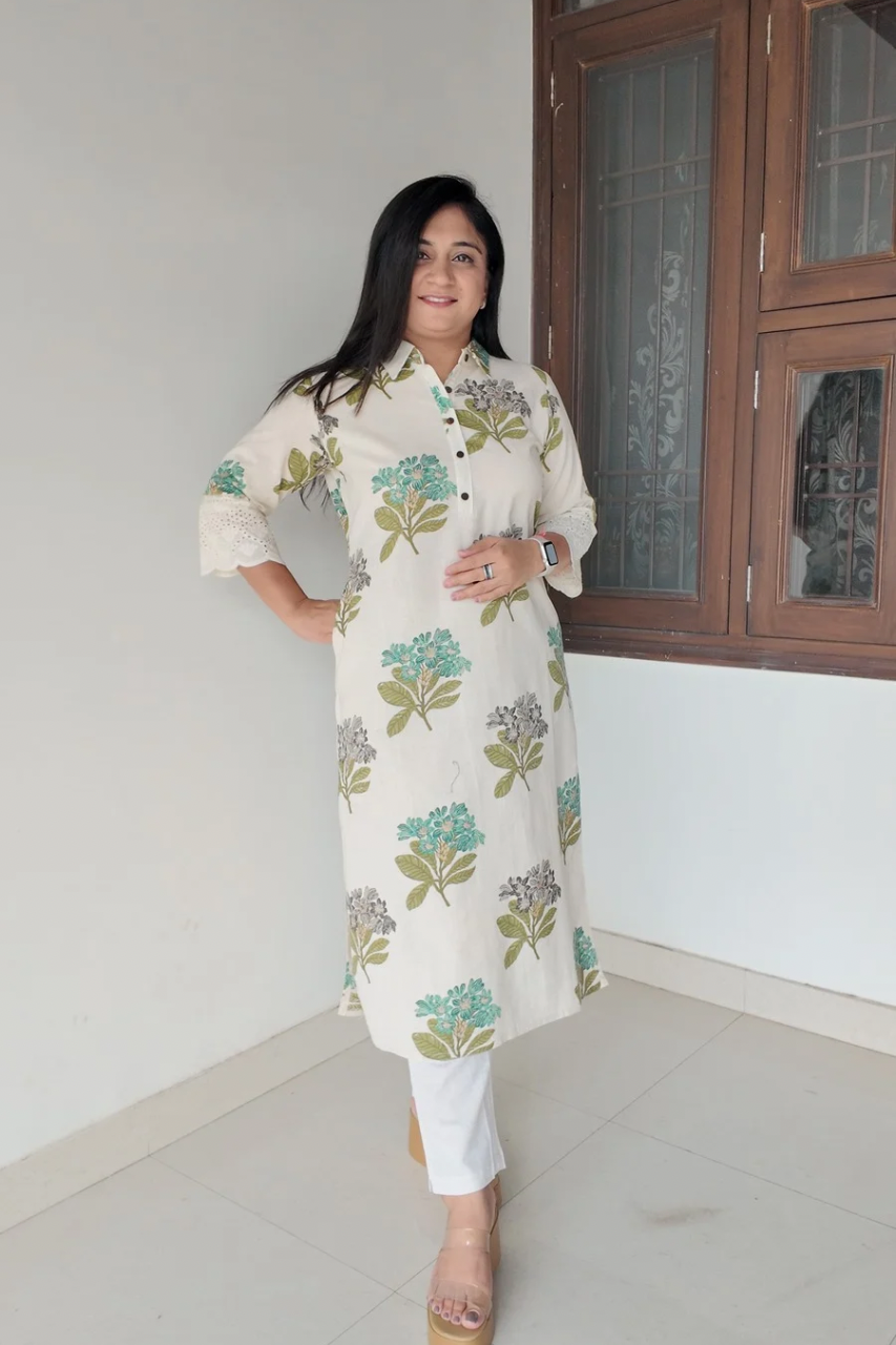 Summerish Floral Collared Cotton Casual kurta with pocket - The Jaipur Studio