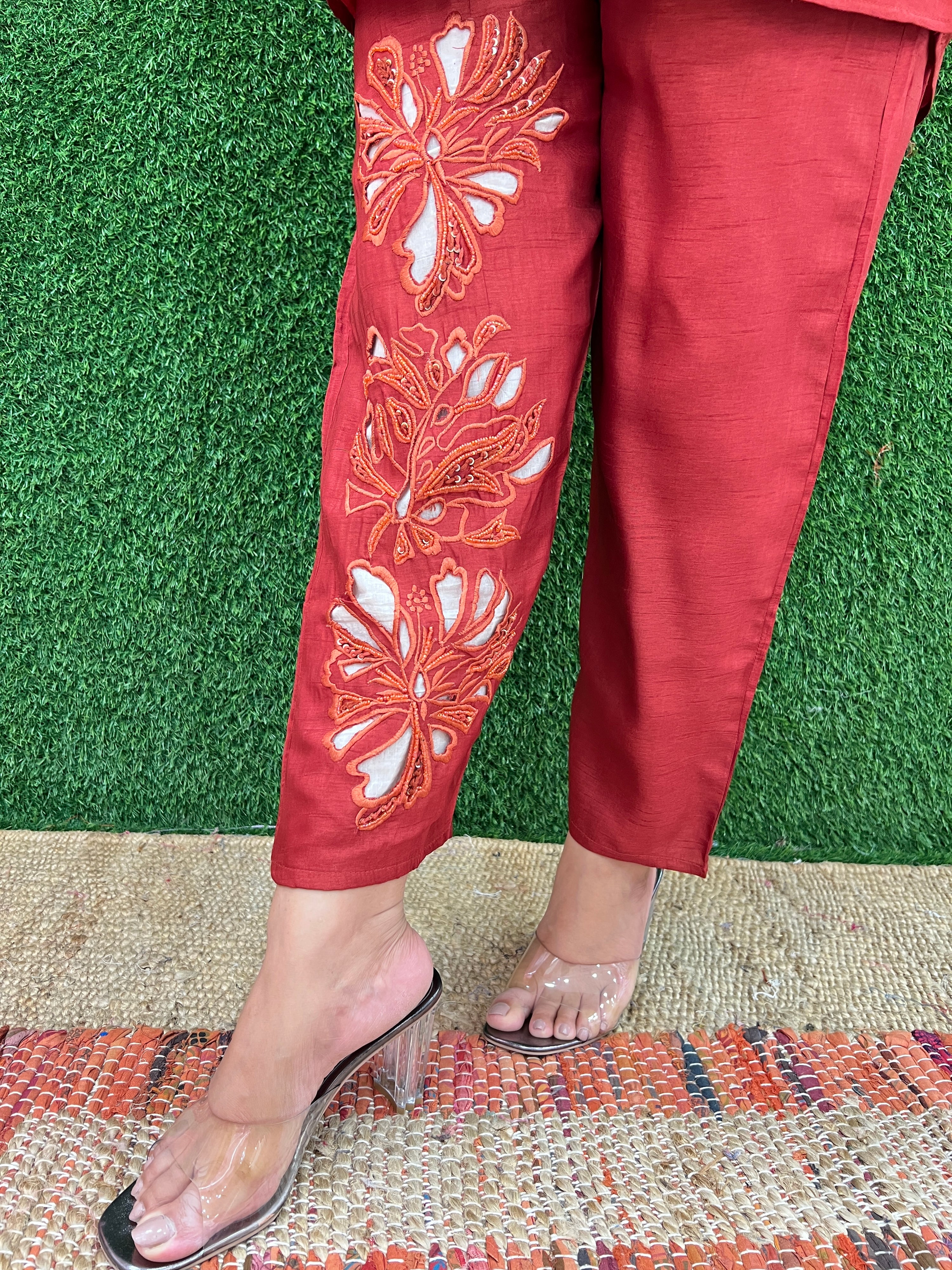 HandEmbroidered Cutwork Silk Coord Set - The Jaipur Studio
