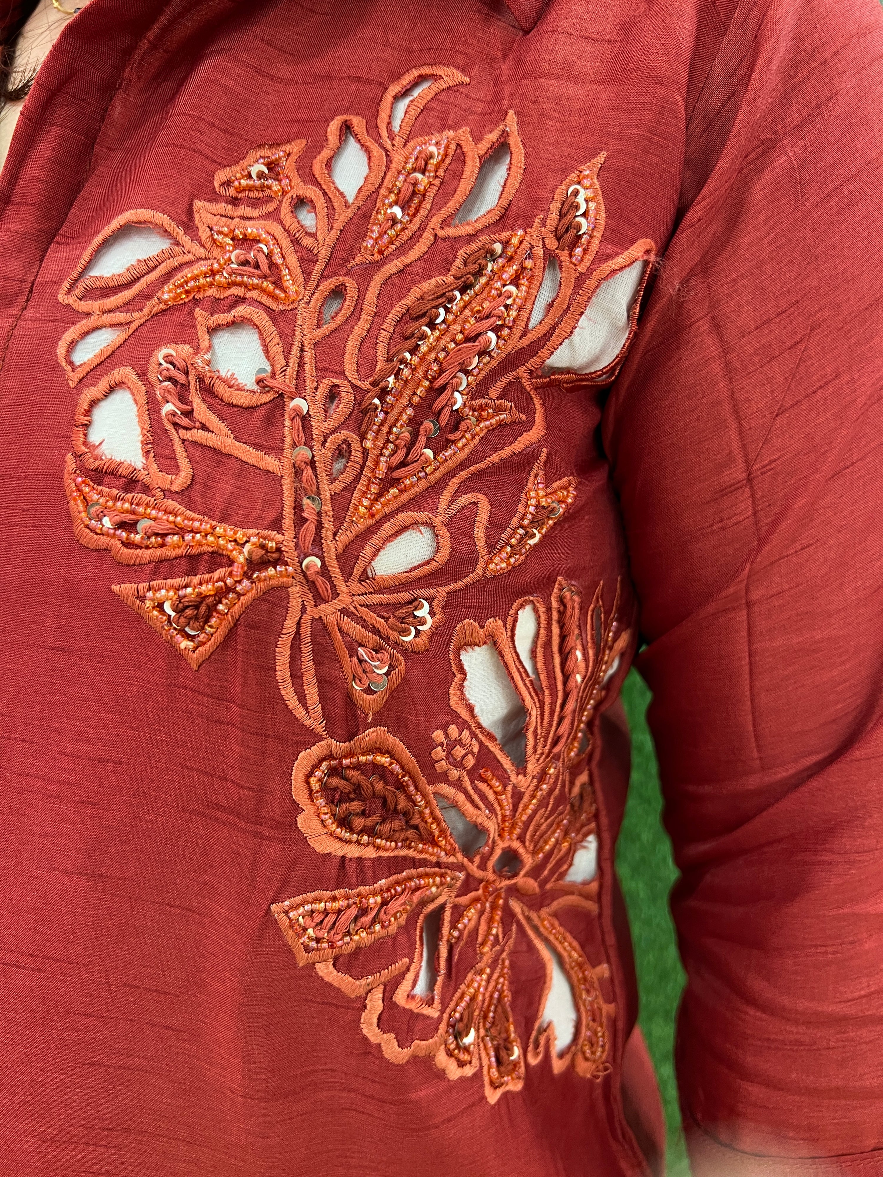 HandEmbroidered Cutwork Silk Coord Set - The Jaipur Studio