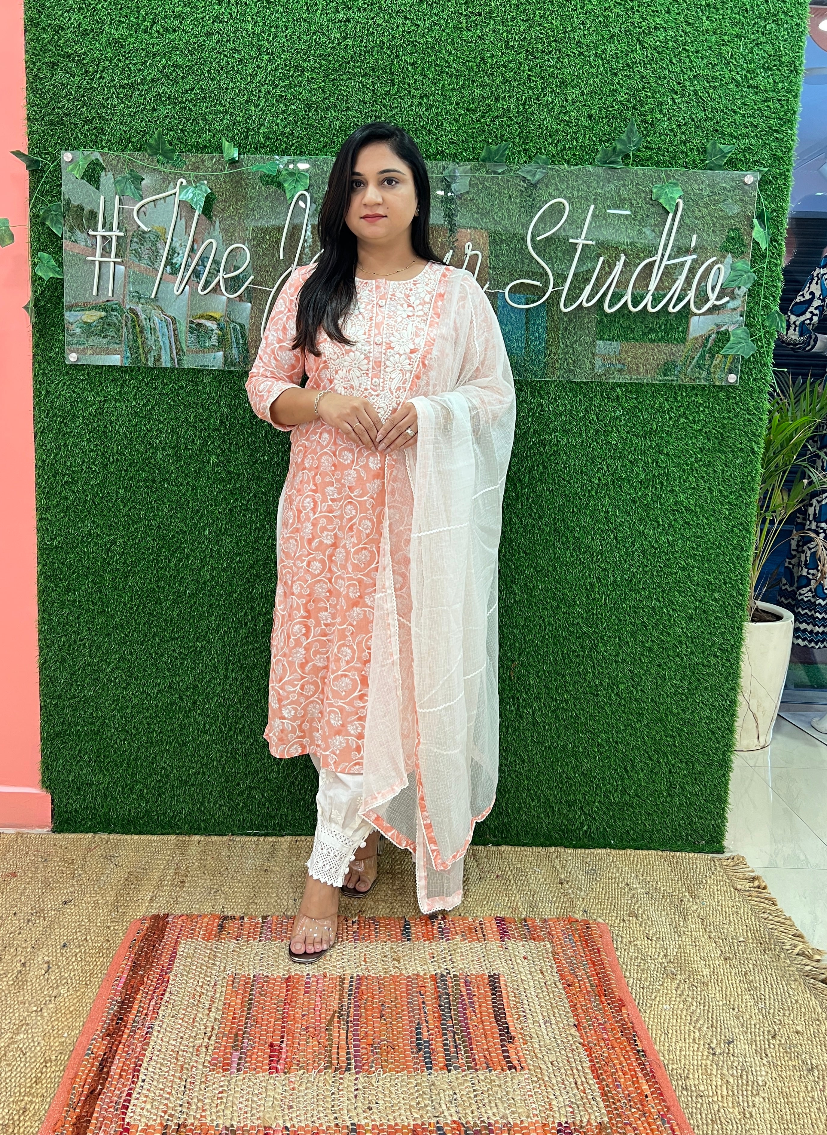 Mul Cotton Floral Embroidered Afgani set - The Jaipur Studio