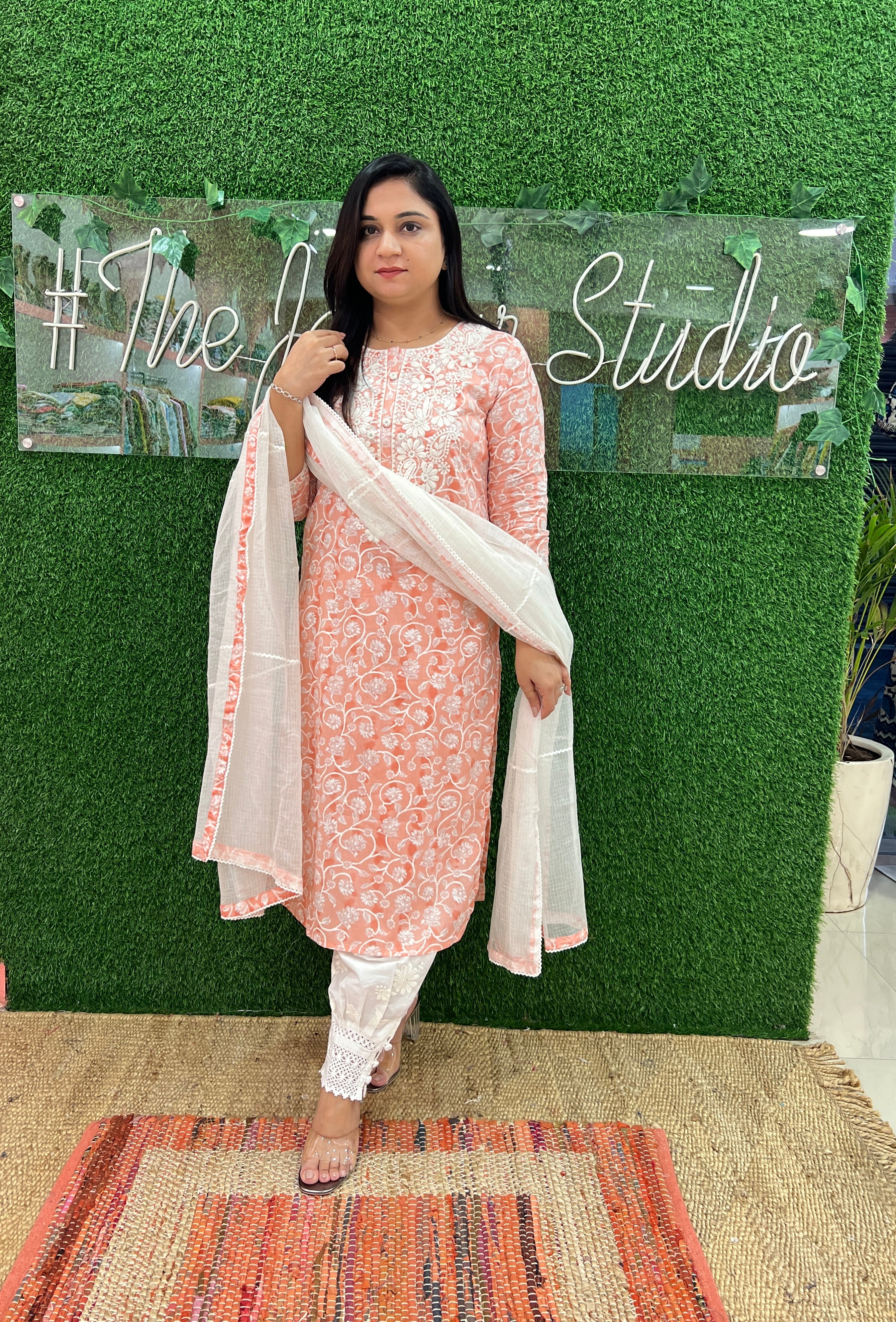Mul Cotton Floral Embroidered Afgani set - The Jaipur Studio