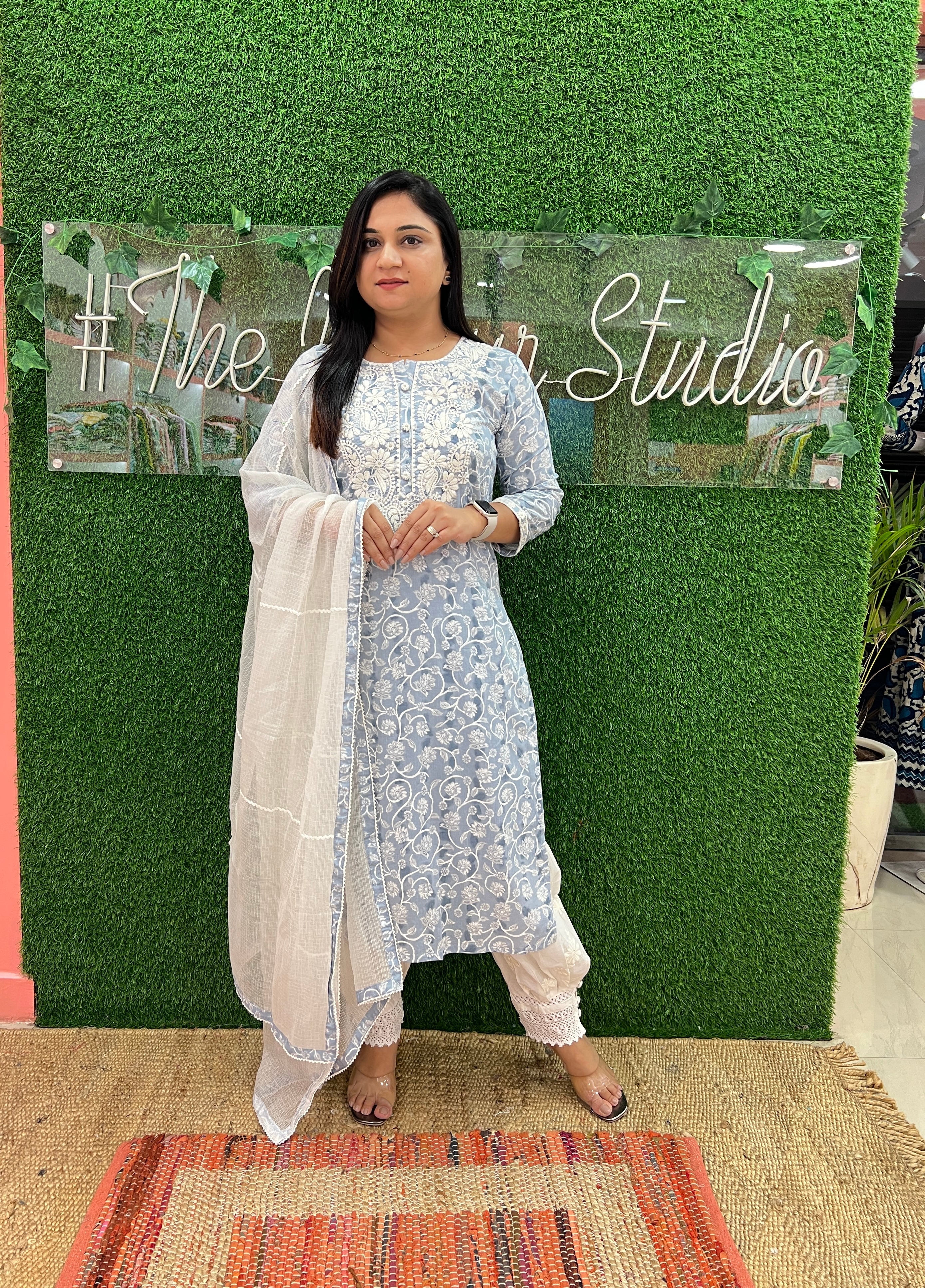 Mul Cotton Floral Embroidered Afgani set - The Jaipur Studio
