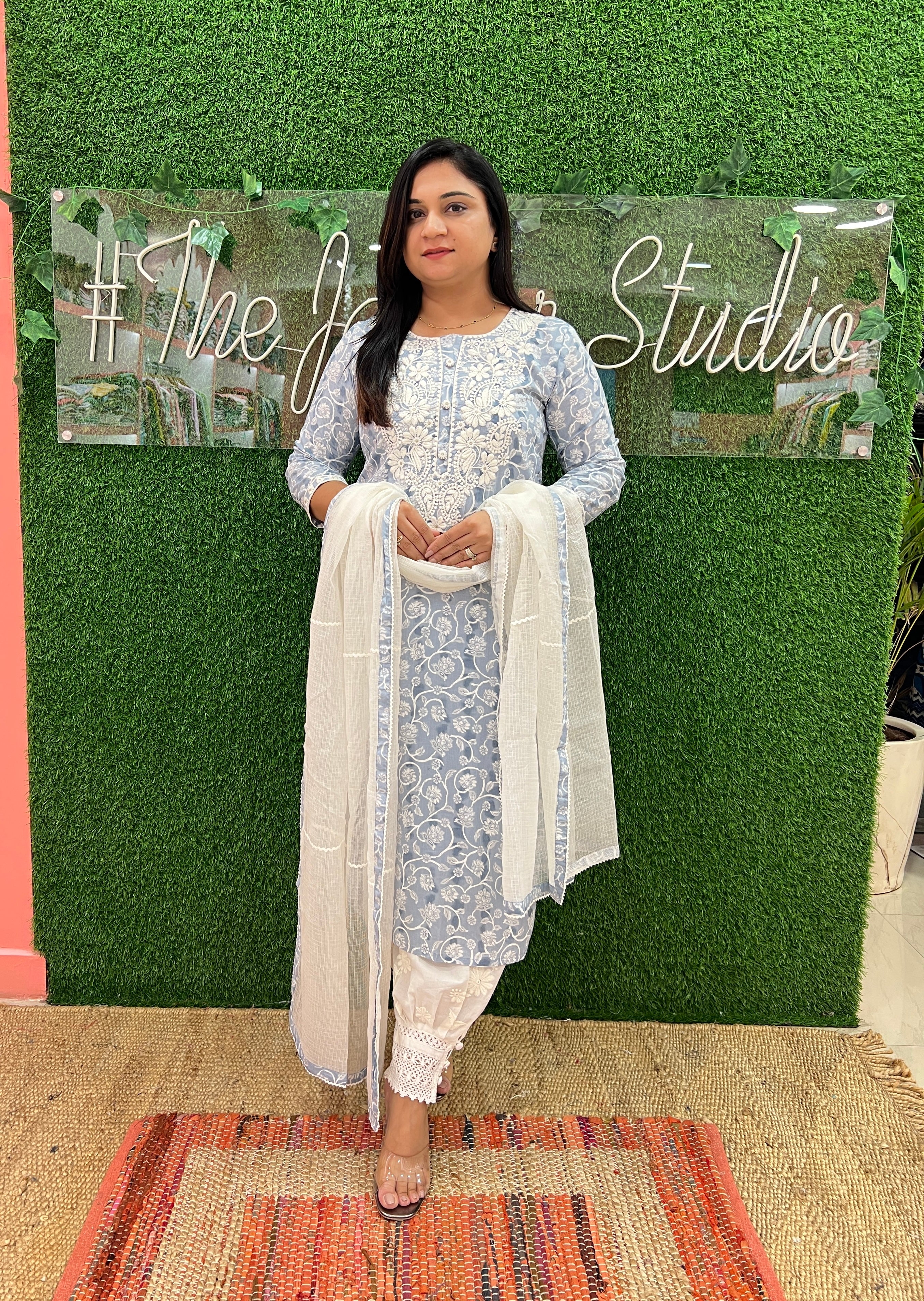 Mul Cotton Floral Embroidered Afgani set - The Jaipur Studio