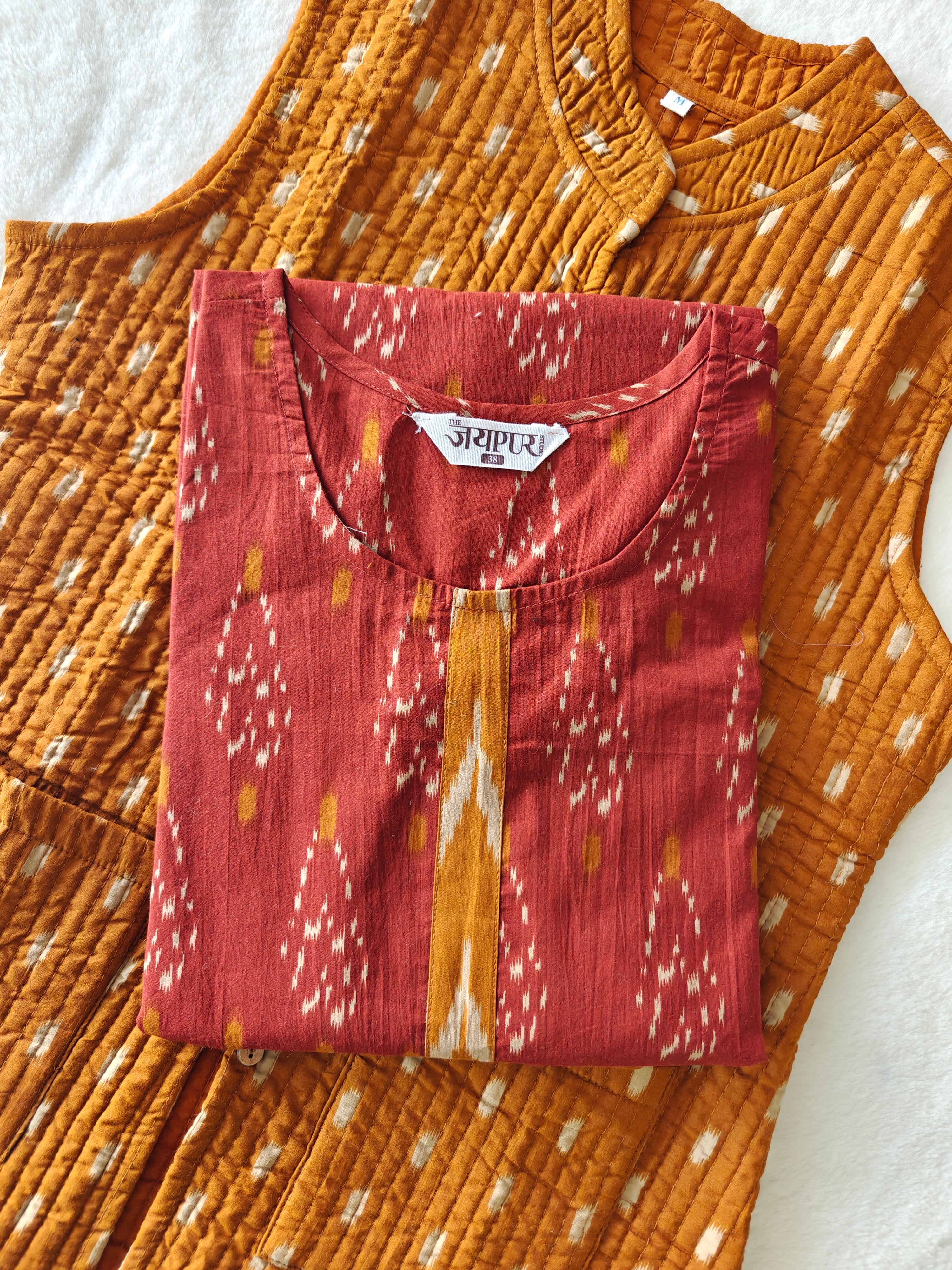 Cotton Ikkat Pant Set with Quilted Jacket - The Jaipur Studio