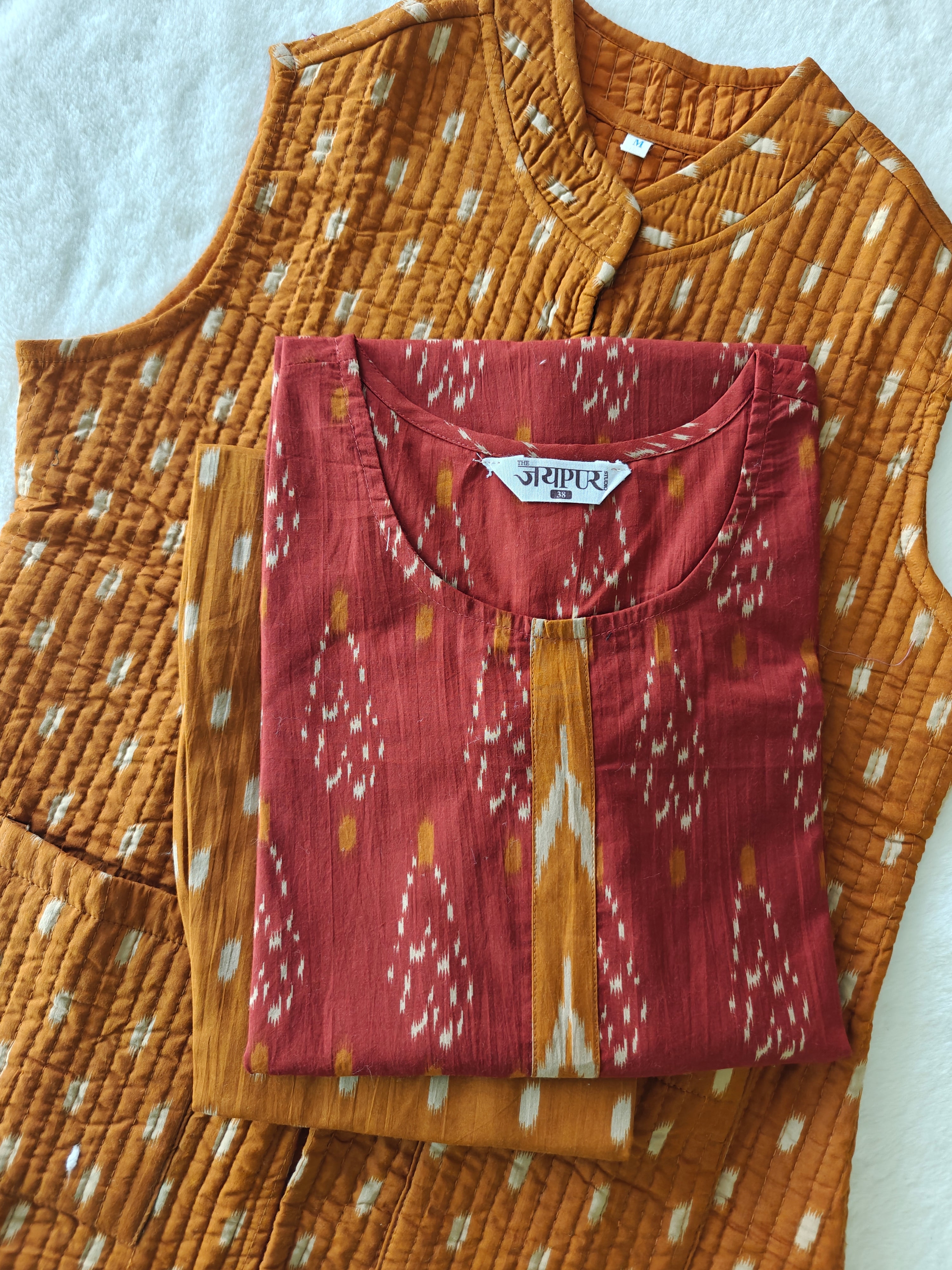 Cotton Ikkat Pant Set with Quilted Jacket - The Jaipur Studio