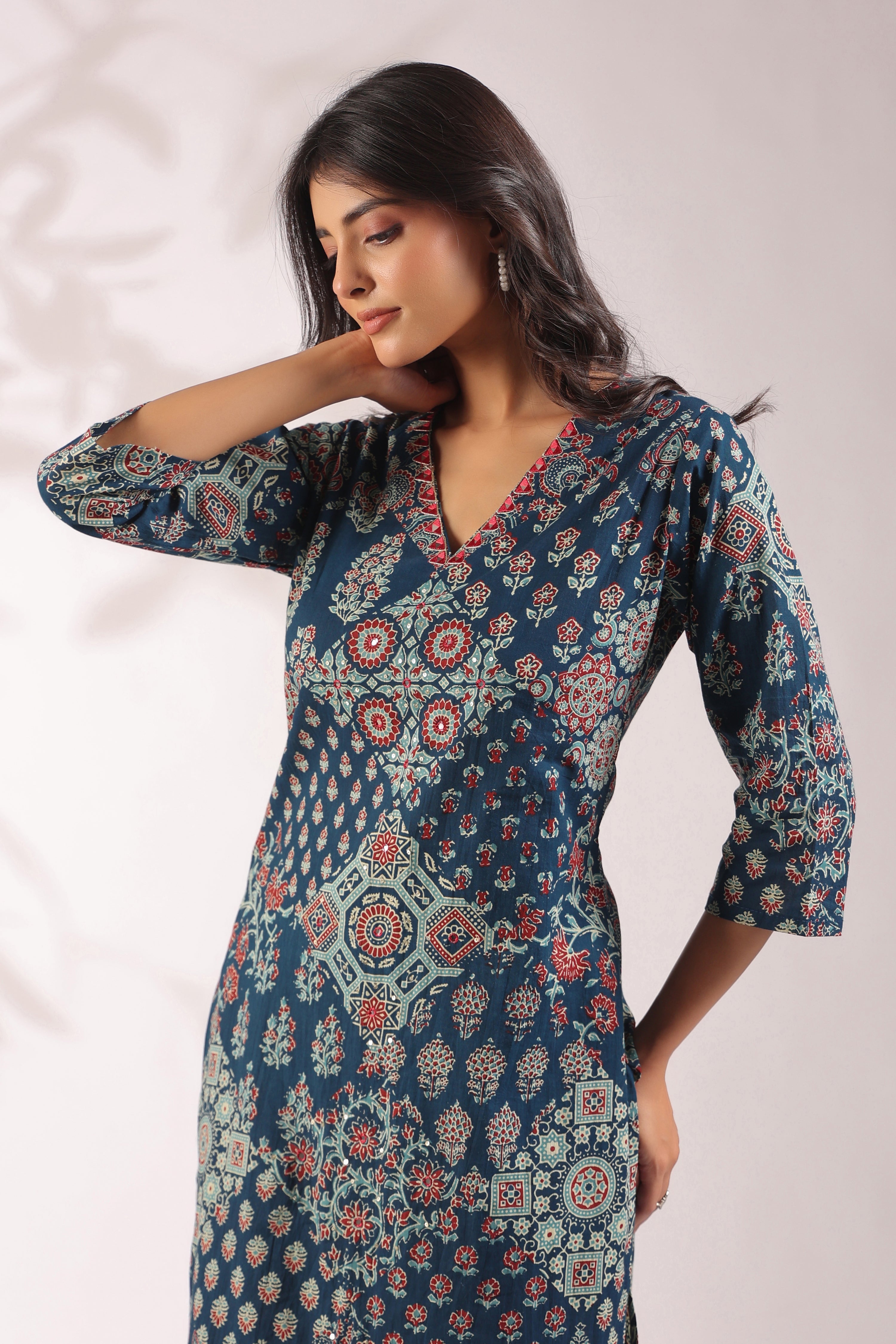 Ajrakh Embroidered Cotton Coord Set