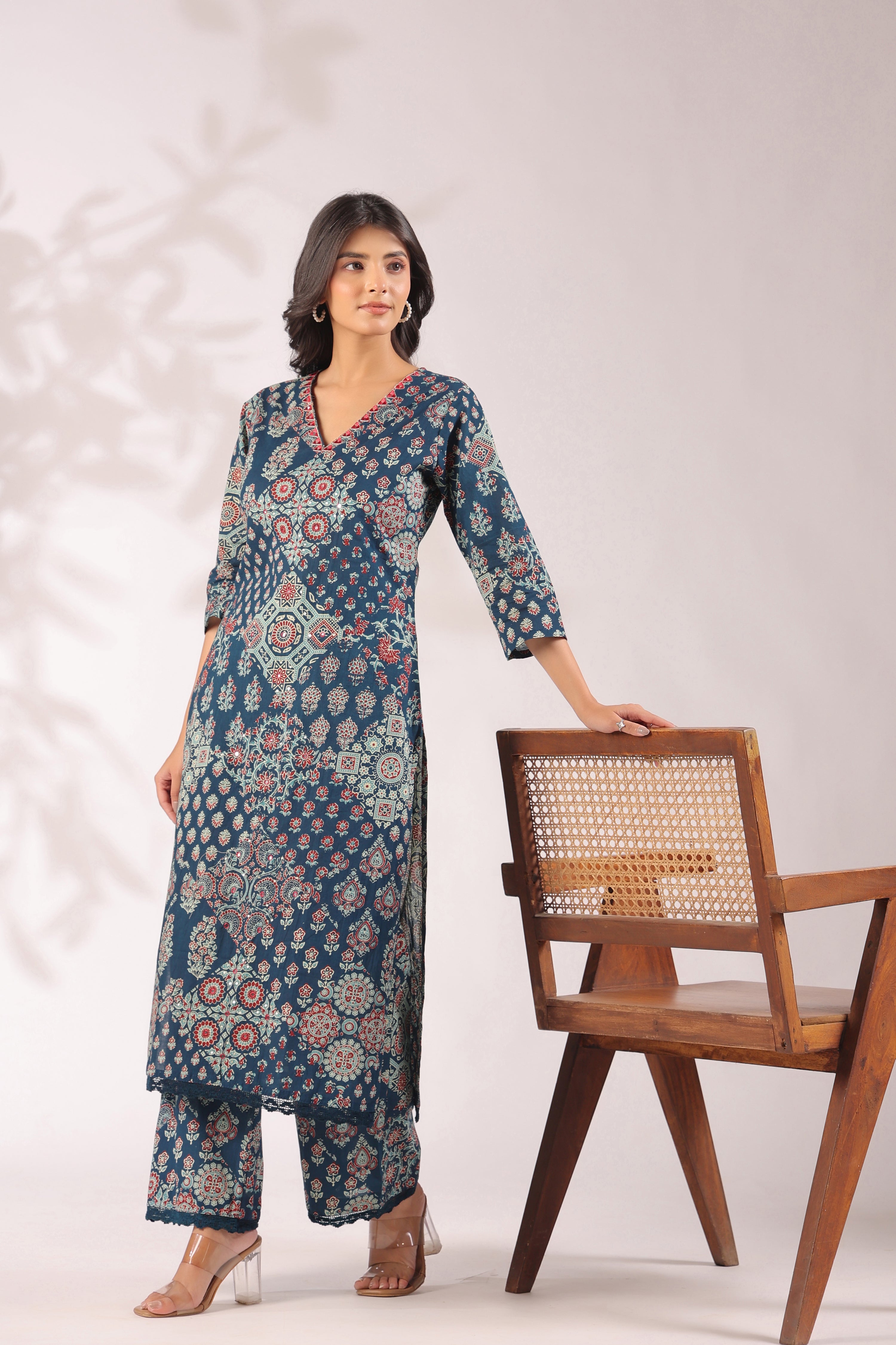 Ajrakh Embroidered Cotton Coord Set