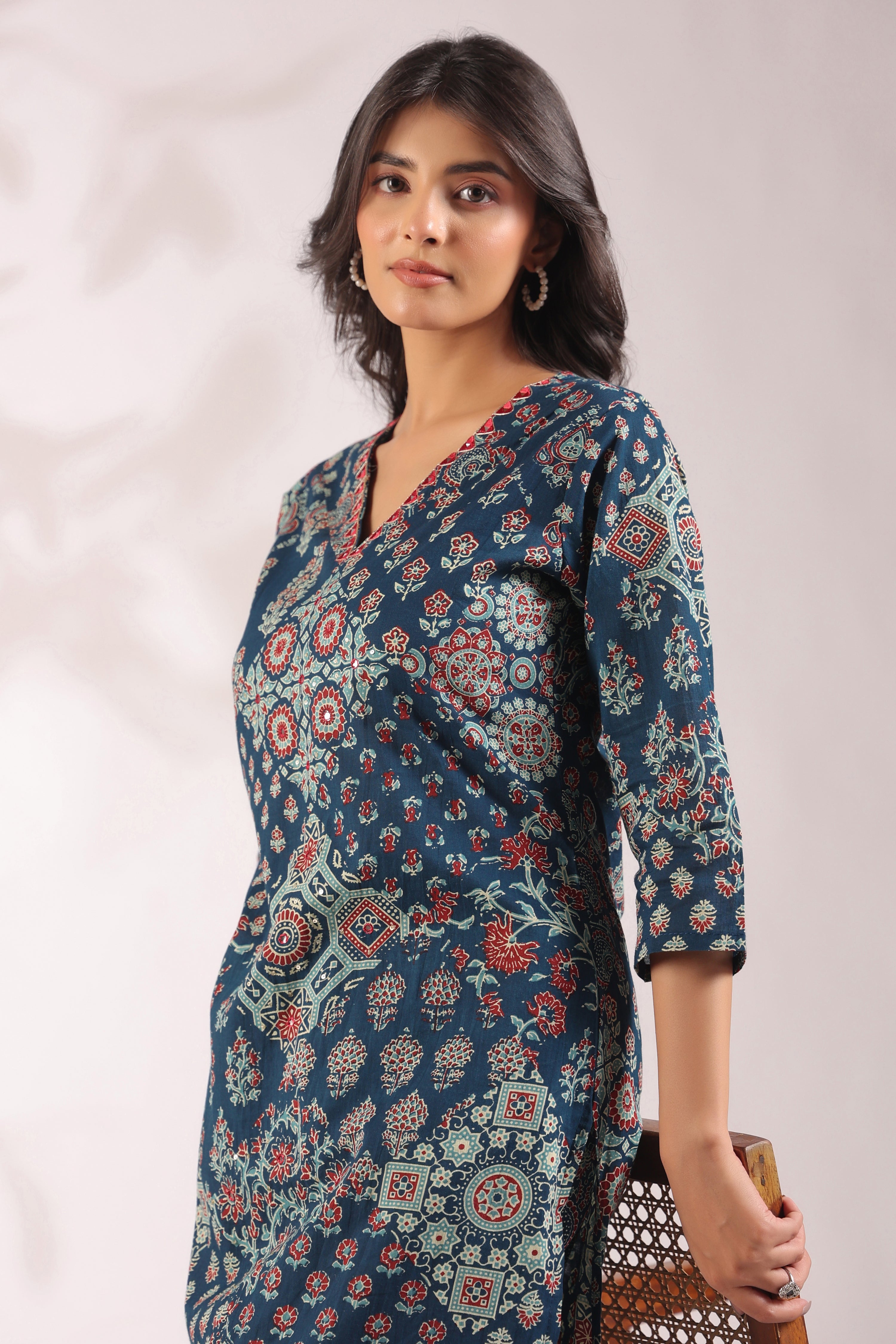 Ajrakh Embroidered Cotton Coord Set