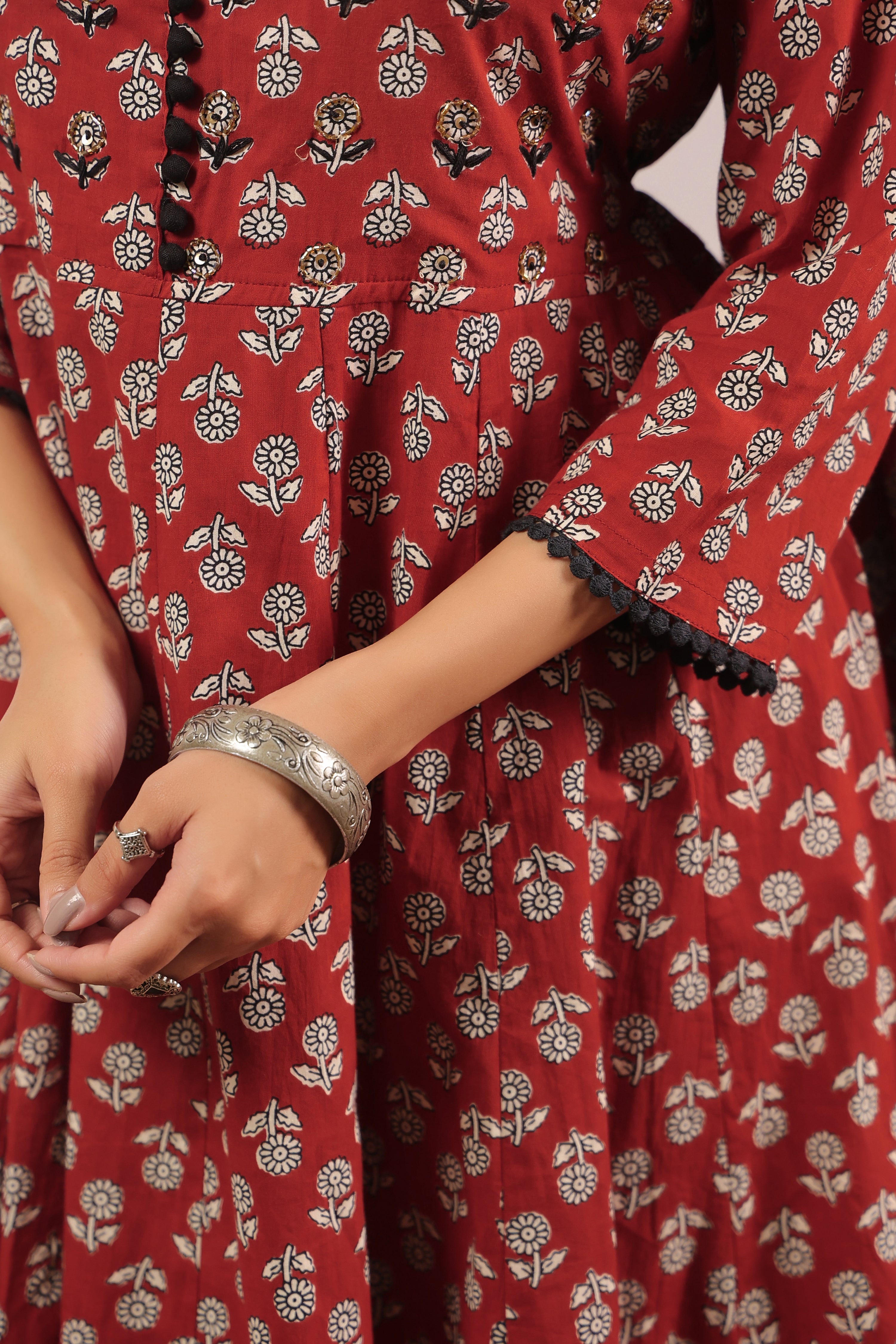 Gunjal Cotton Ajrakh HandEmbroidered Anarkali Set - The Jaipur Studio