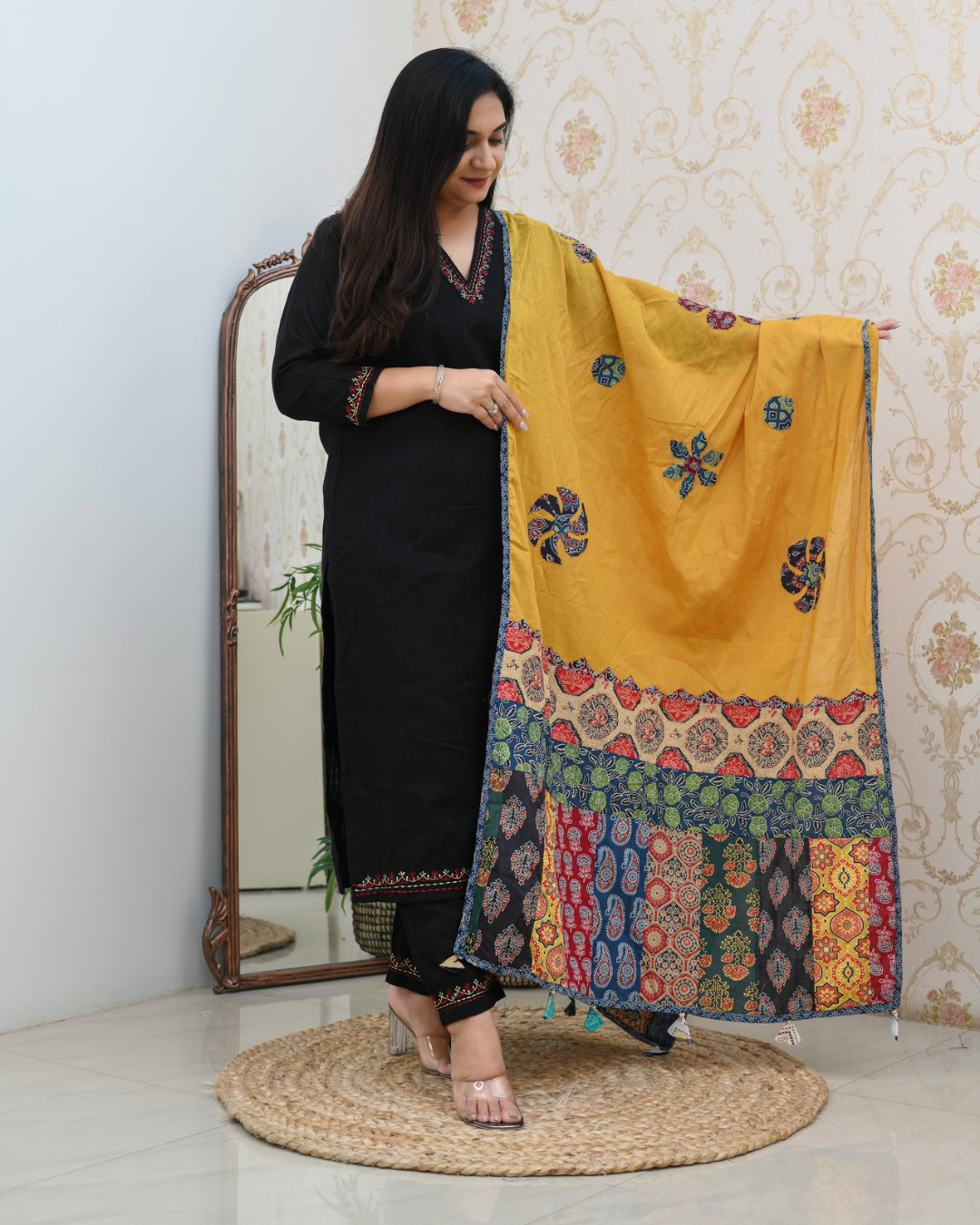 Cotton Embroidered Pant Set with Ajrakh Appliqué Dupatta - The Jaipur Studio