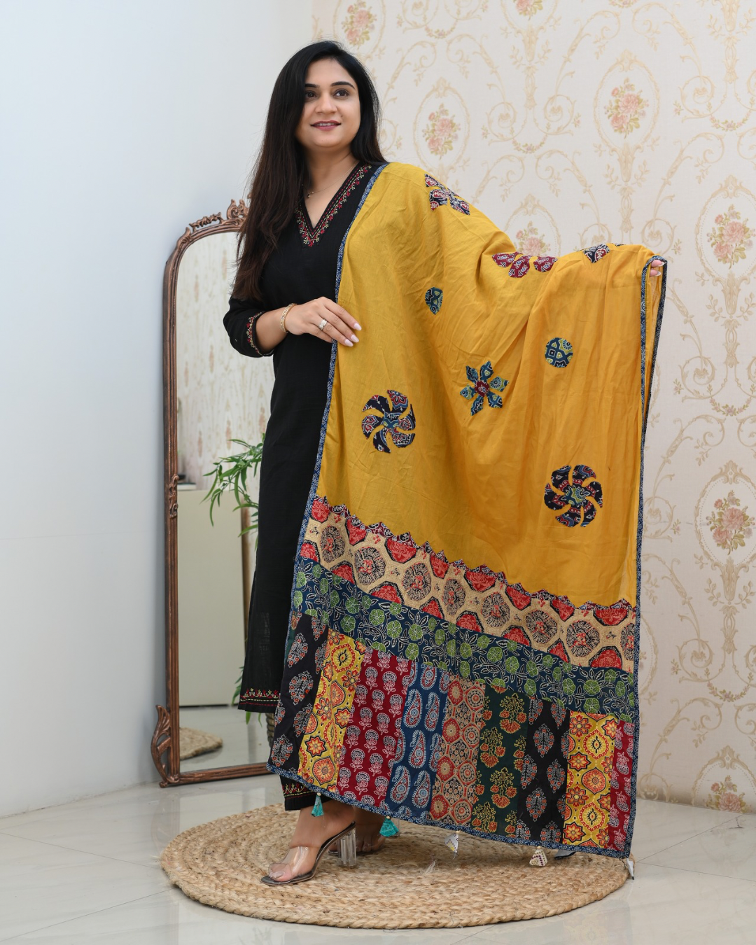 Cotton Embroidered Pant Set with Ajrakh Appliqué Dupatta - The Jaipur Studio