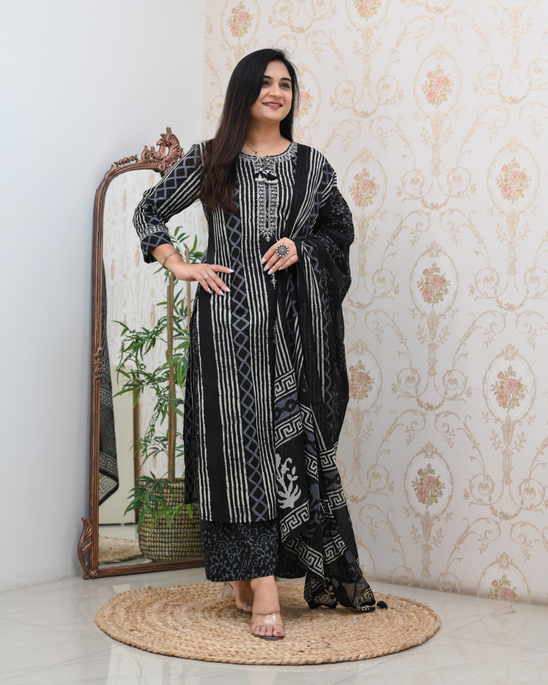 Anaya Cotton Embroidered Straight Divider set - The Jaipur Studio